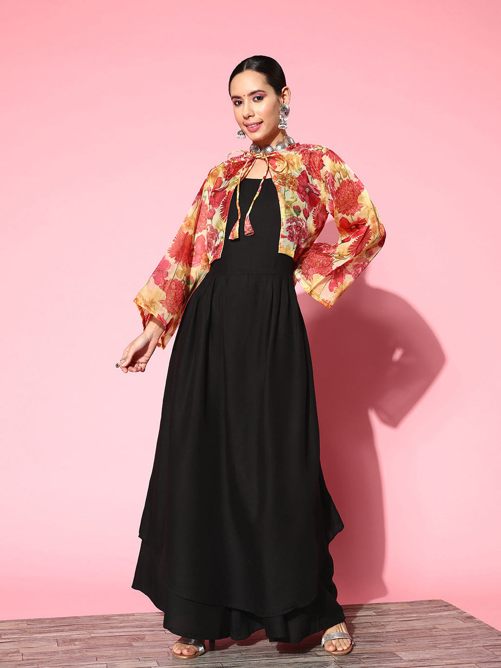 InWeave Women's Black Strappy Set With Red Pink Floral Short Organza Cape