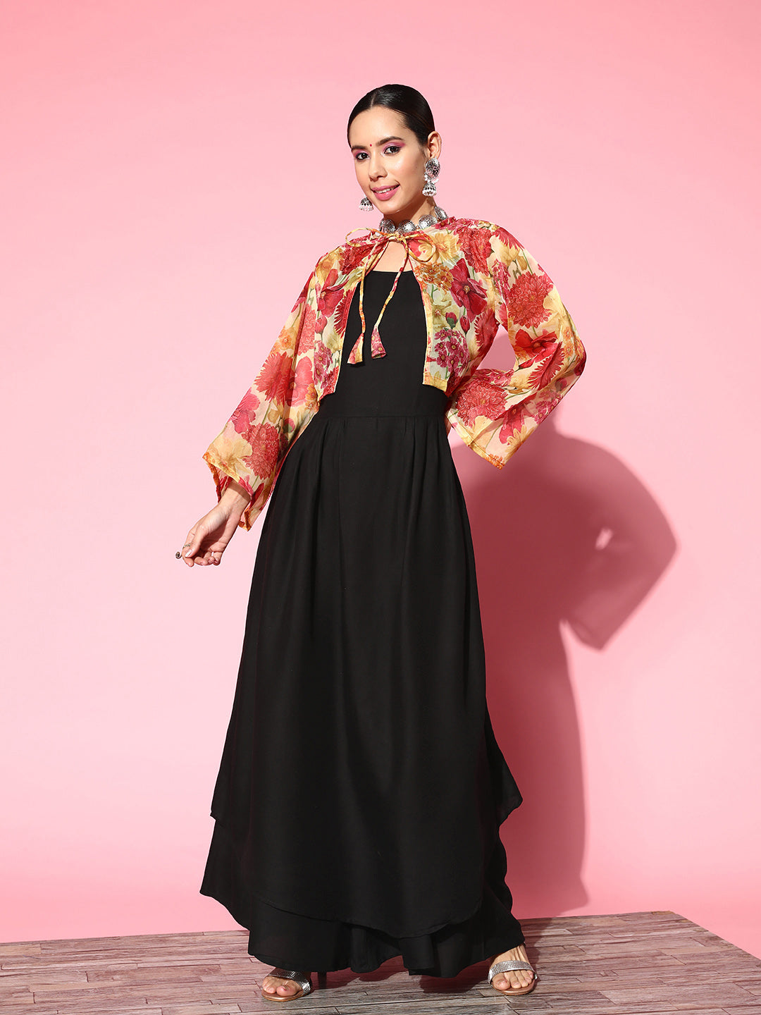 InWeave Women's Black Strappy Set With Red Pink Floral Short Organza Cape