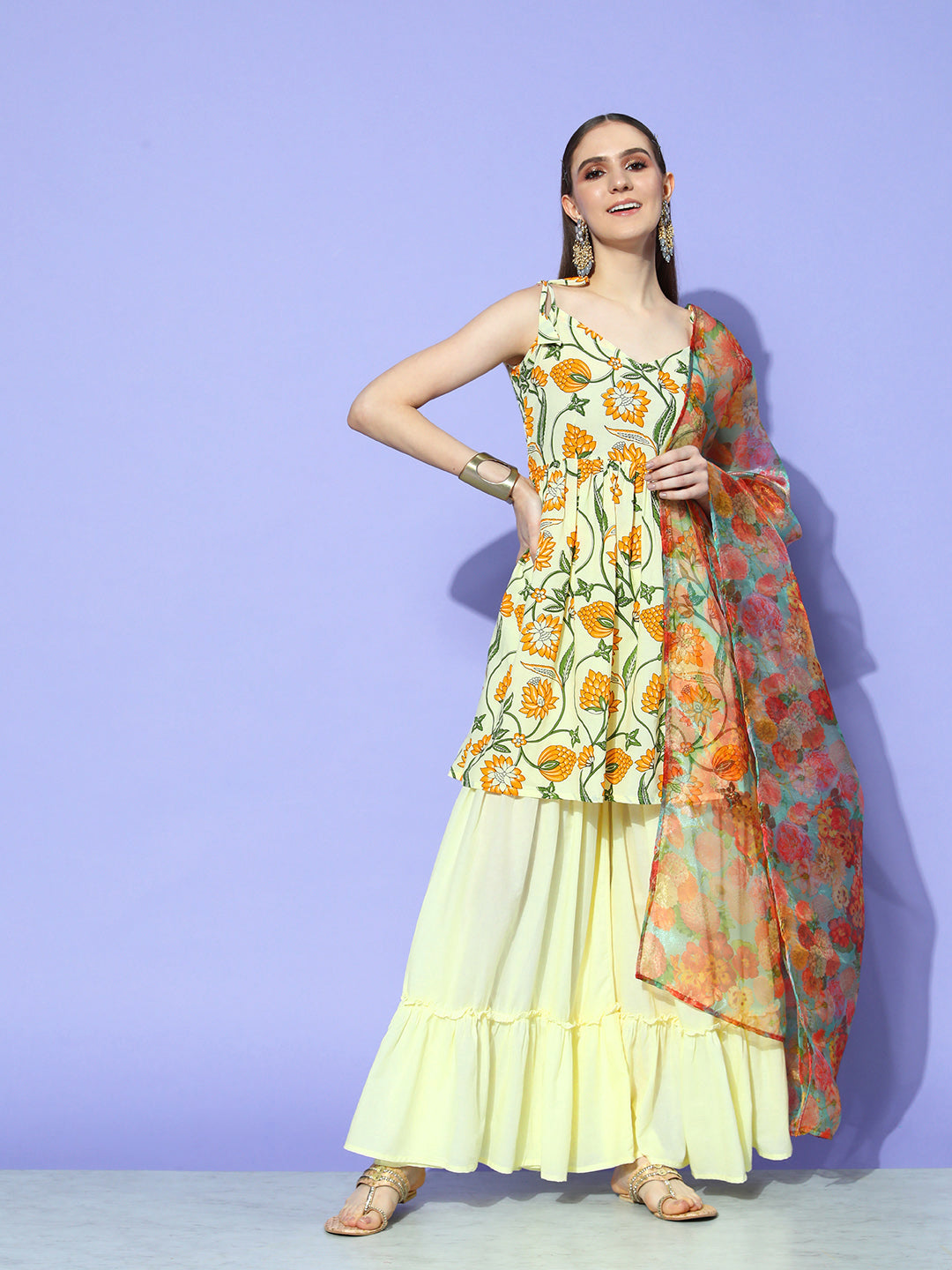 InWeave Women's Off White Yellow Floral Print Tie Up Kurta Sharara Set With Dupatta