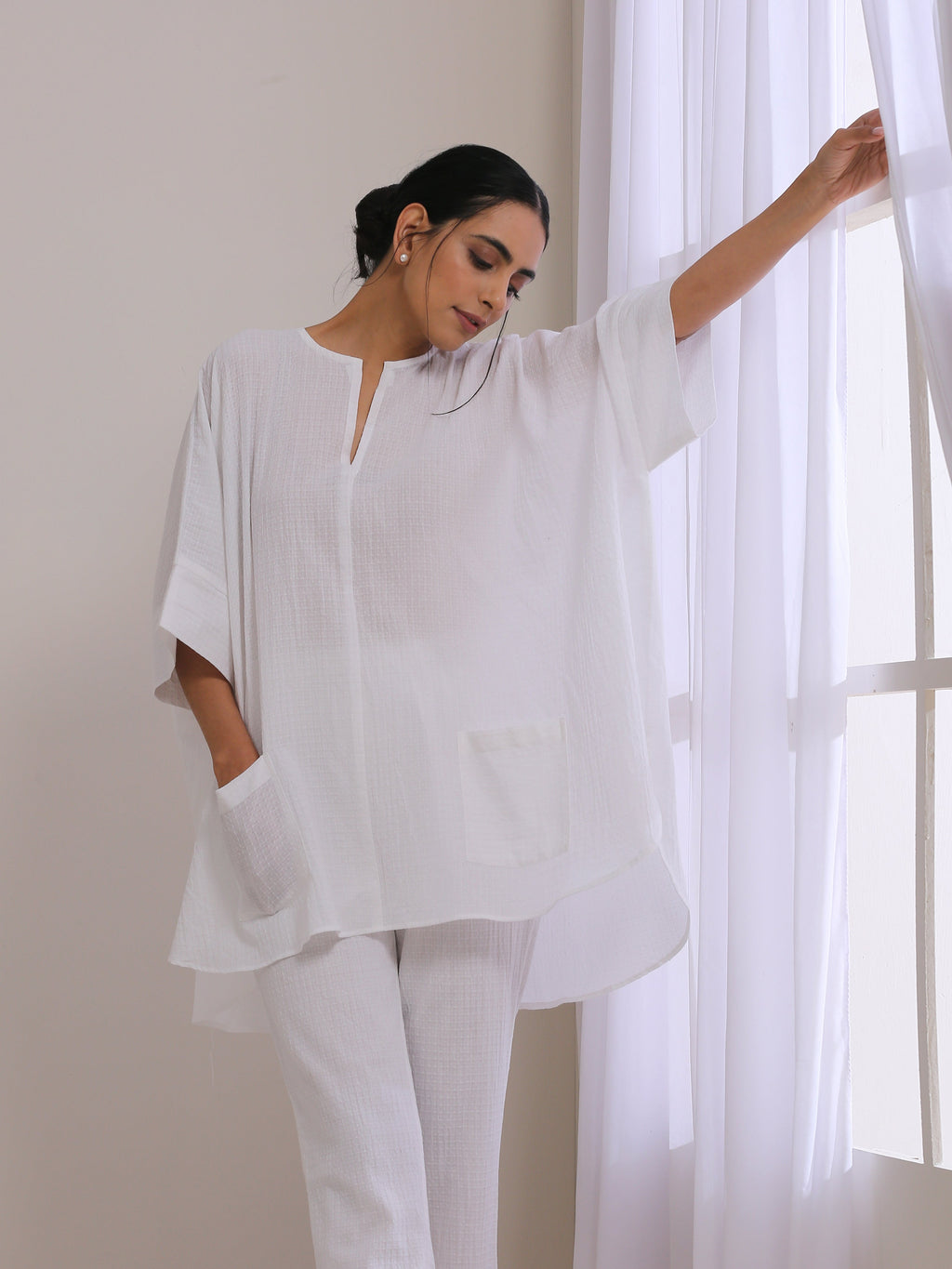 trueBrowns White Dobby Boxy Fit High Low Co-Ord Set