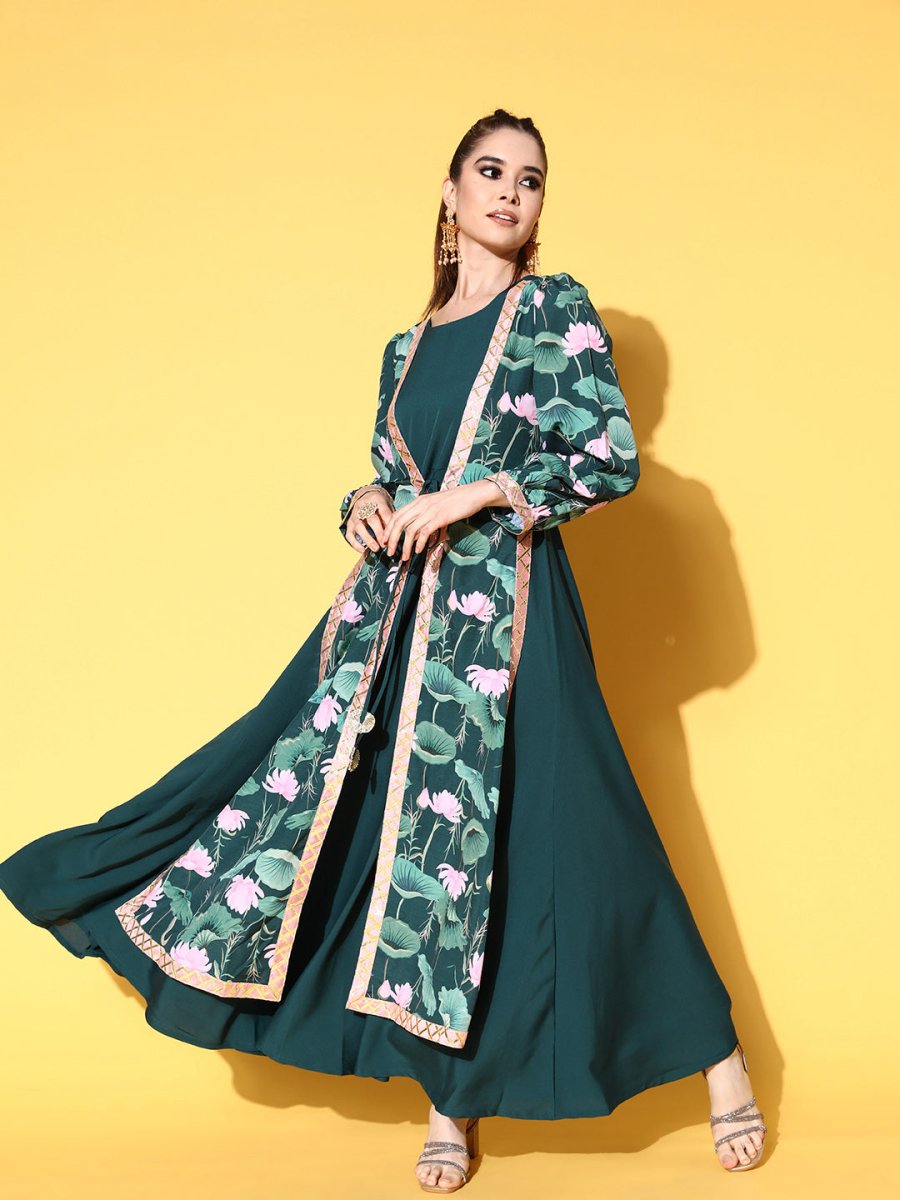 Ahalyaa Green Crepe Puff Sleeves Floral Printed Maxi Ethnic Dress with Waist Tie-Ups