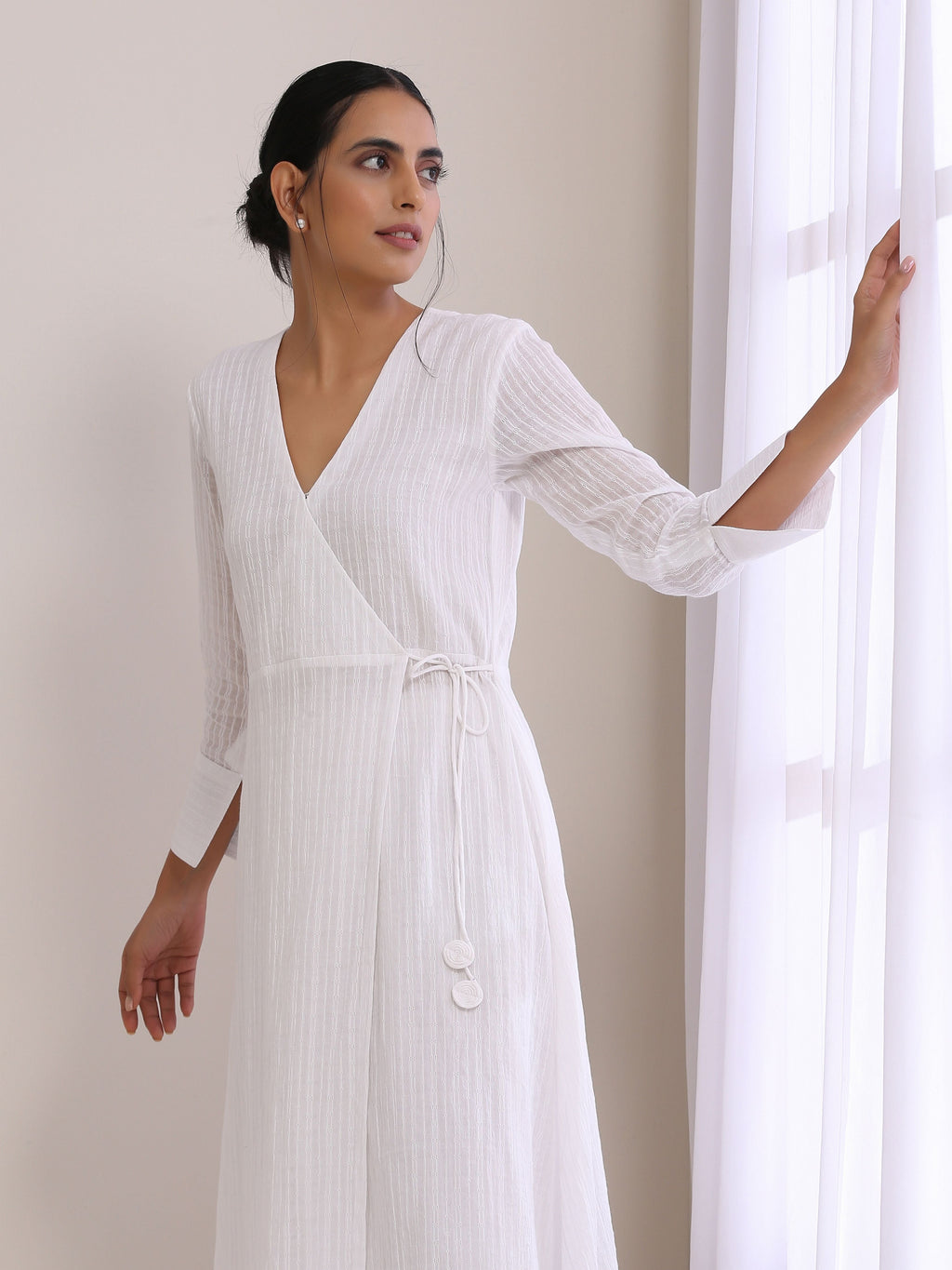 trueBrowns White Dobby Angrakha Kurta Pant Set