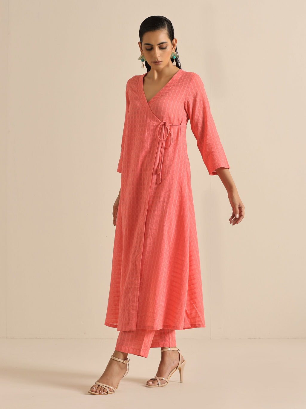 trueBrowns Bright Pink Dobby Angrakha Kurta Pant Set