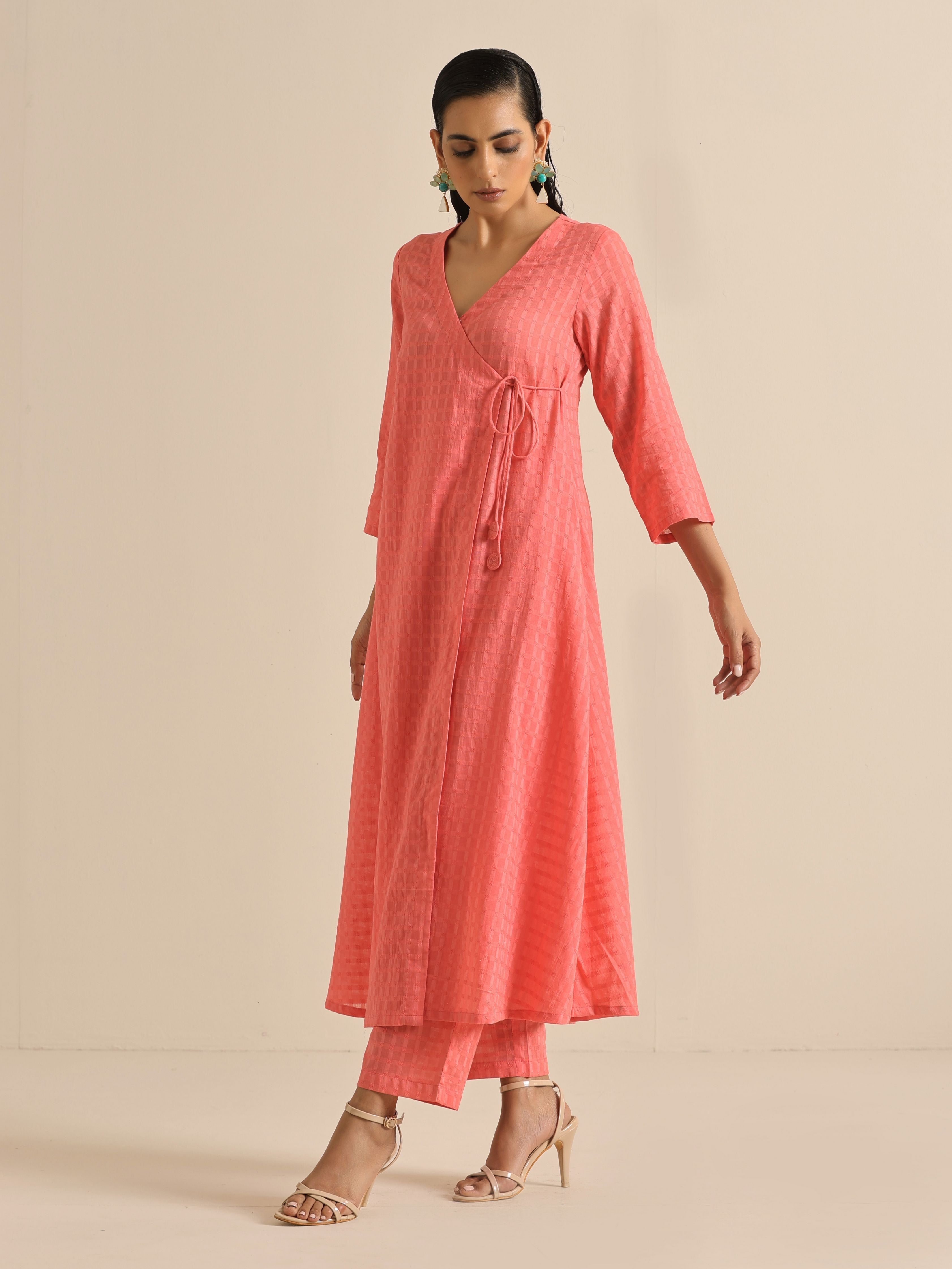 trueBrowns Bright Pink Dobby Angrakha Kurta Pant Set