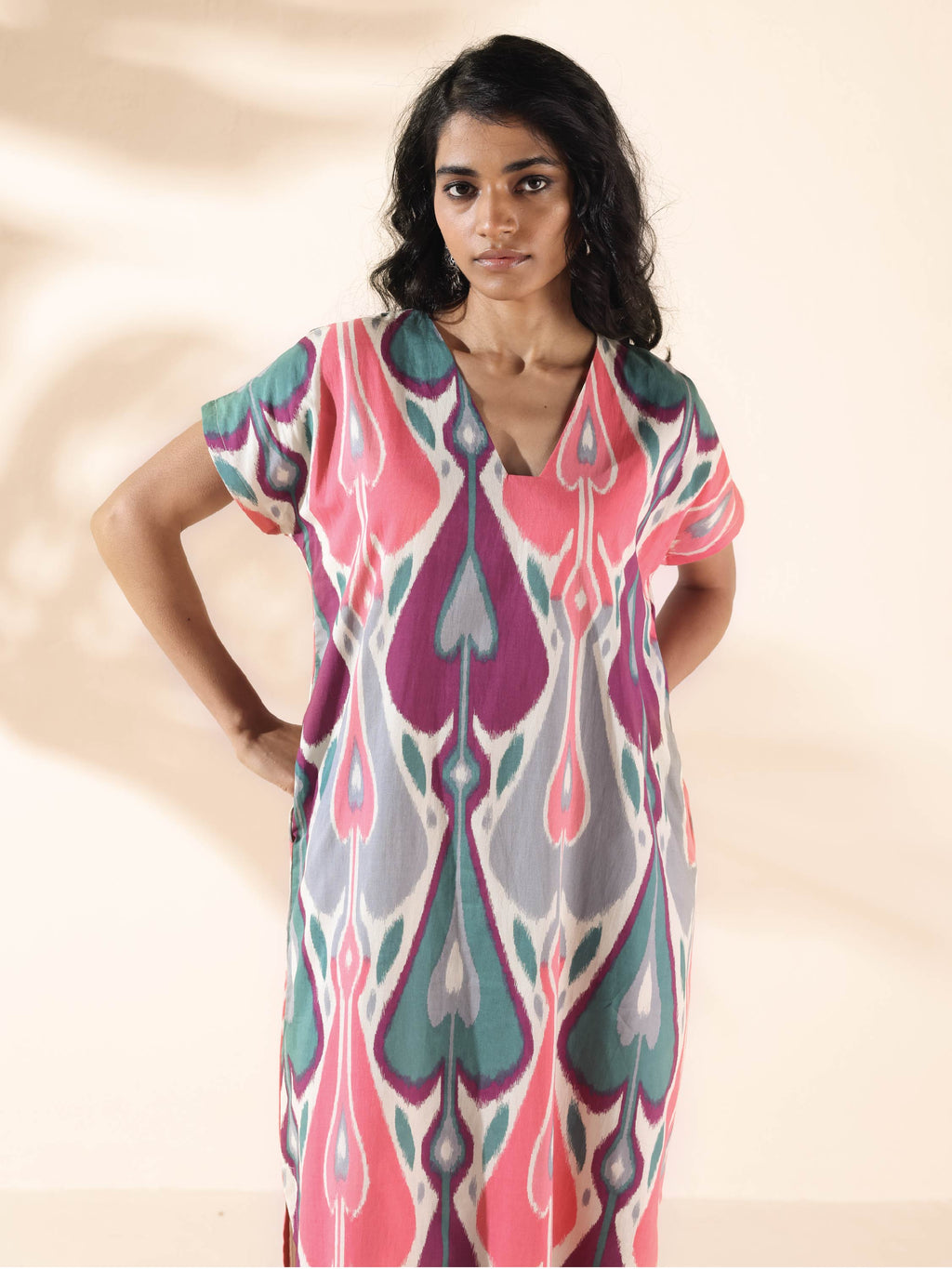 trueBrowns Green Cotton Ikat Slit Dress