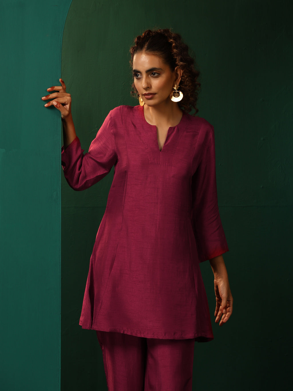 trueBrowns Maroon Silk Relaxed Co-ord Set