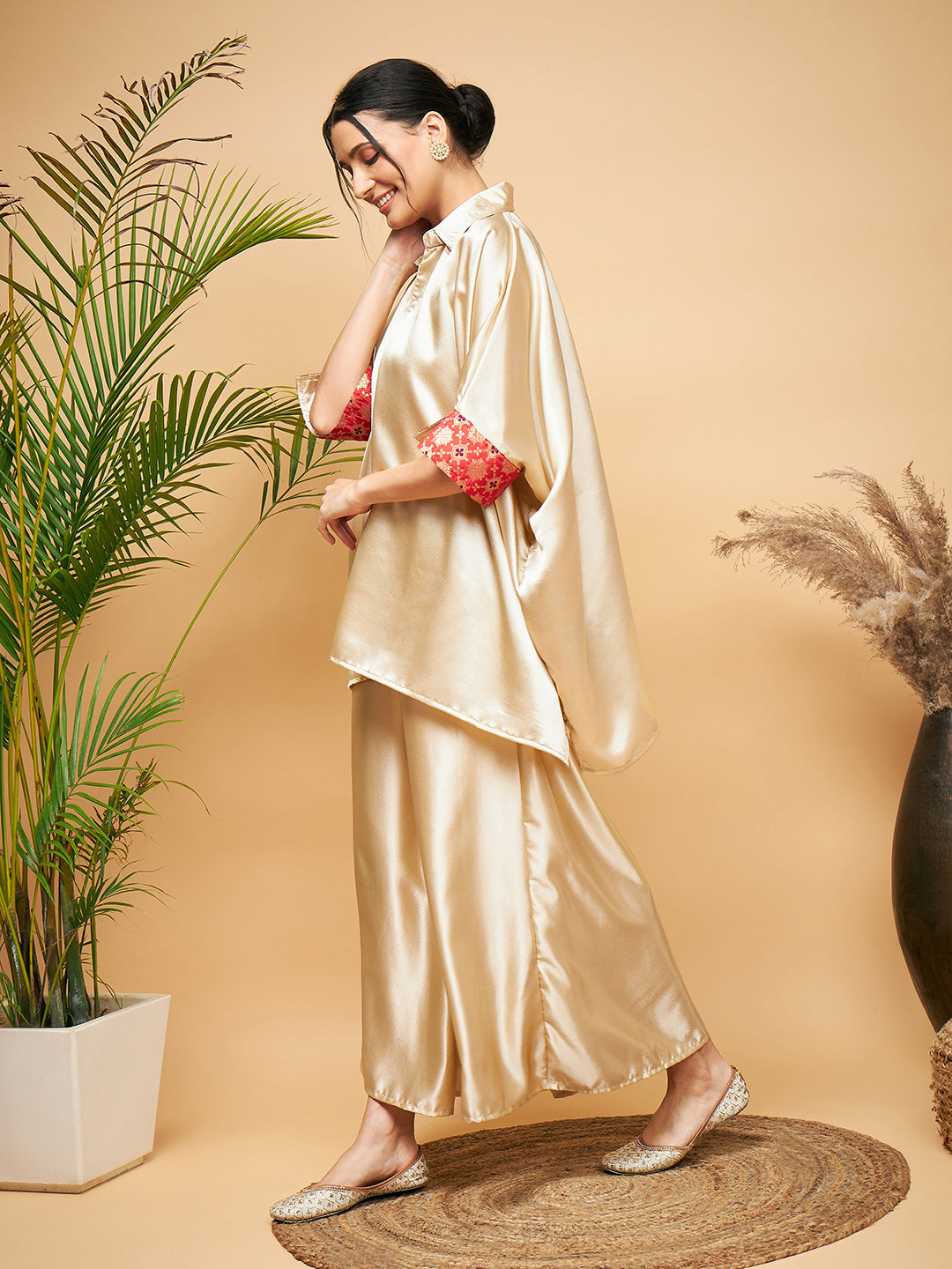 InWeave Women's Beige Red Brocade Boho Satin Top W Palazzo Set