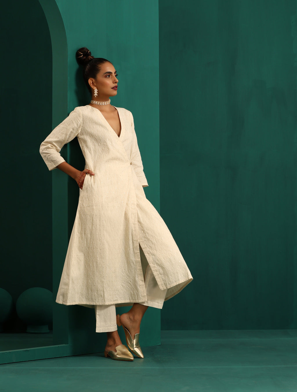 trueBrowns Ivory Tonal Cotton Angrakha Kurta Pant Set