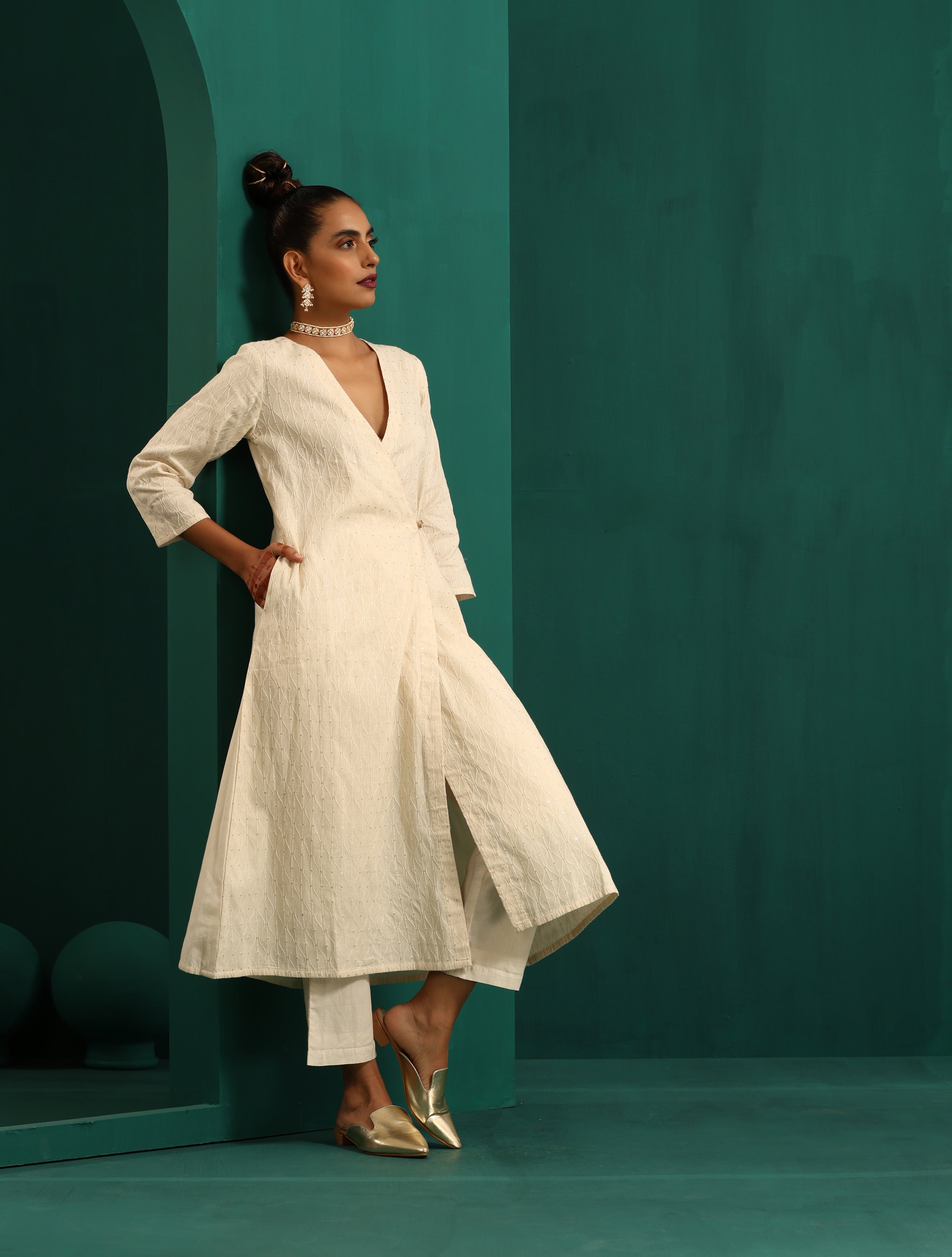 trueBrowns Ivory Tonal Cotton Angrakha Kurta Pant Set