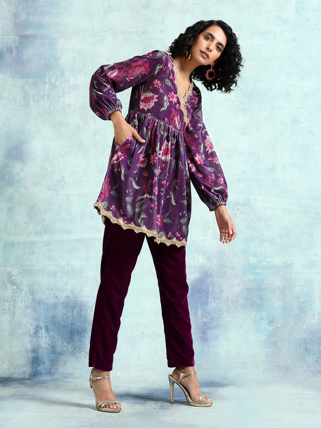 trueBrowns Wine Printed Velvet Lace Co-Ord Set