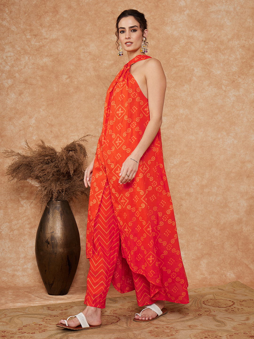 InWeave Women's Orange S Print Twisted Neckline Kurta Pant Set