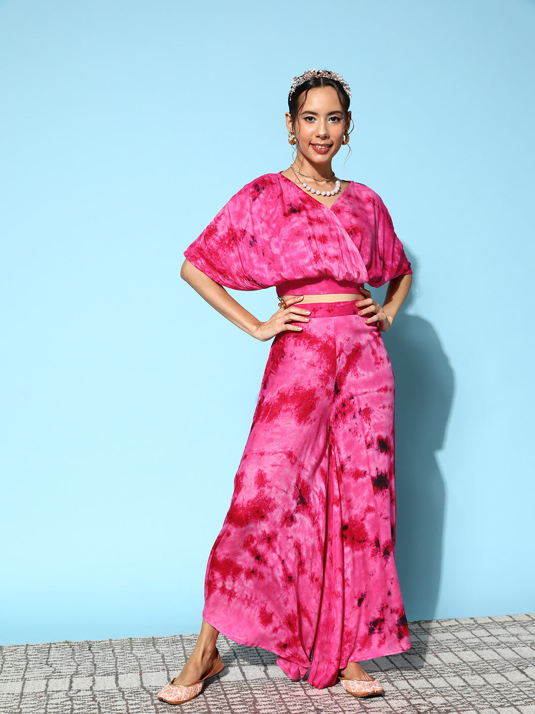 InWeave Women's Magenta Tie And Dye New Neckline Top Culottes Set