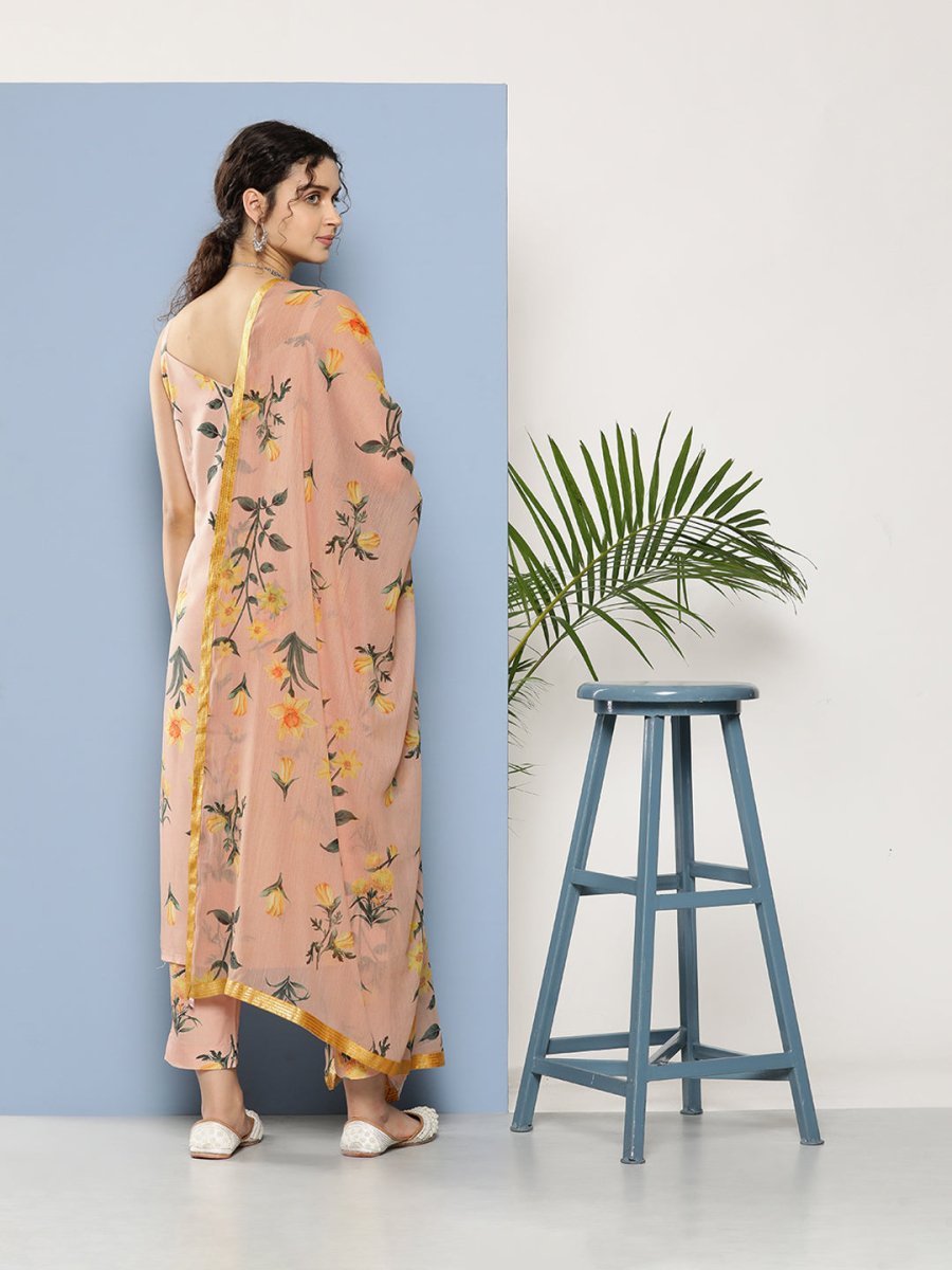Ahalyaa Women Nude-Coloured Floral Printed Gotta Patti Kurta with Trousers & With Dupatta