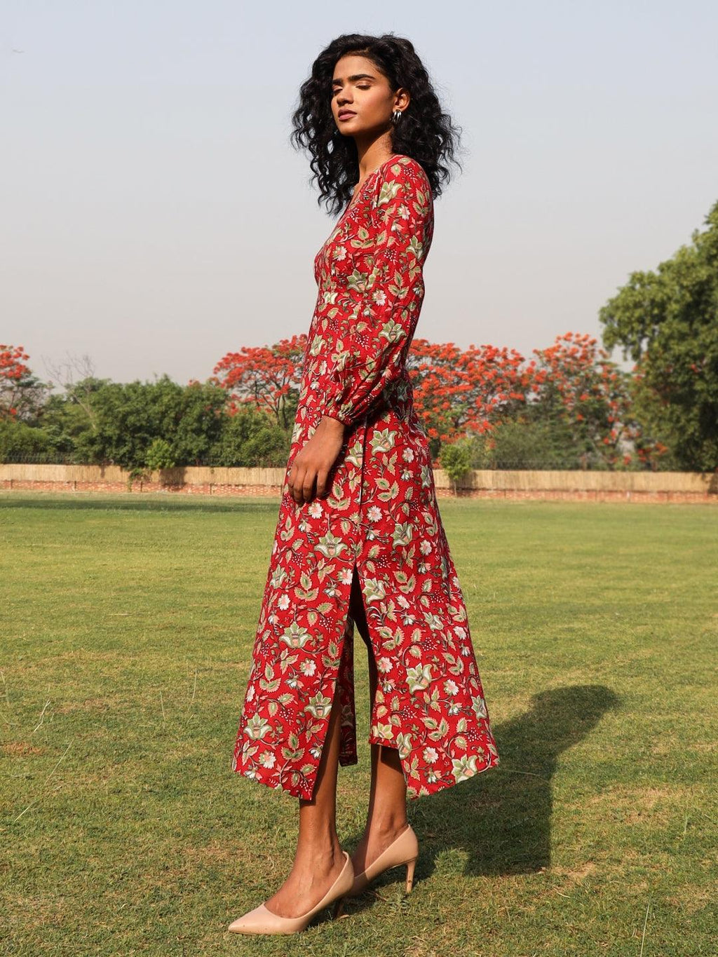 trueBrowns Red Cotton Block Print Backless Dress