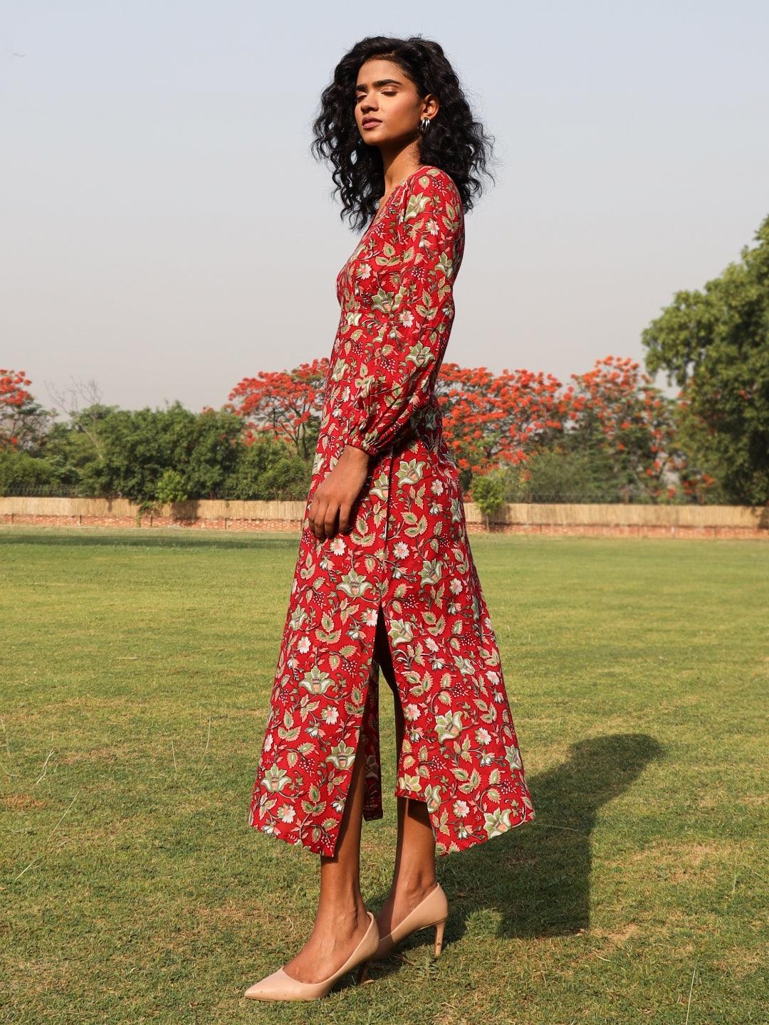 trueBrowns Red Cotton Block Print Backless Dress