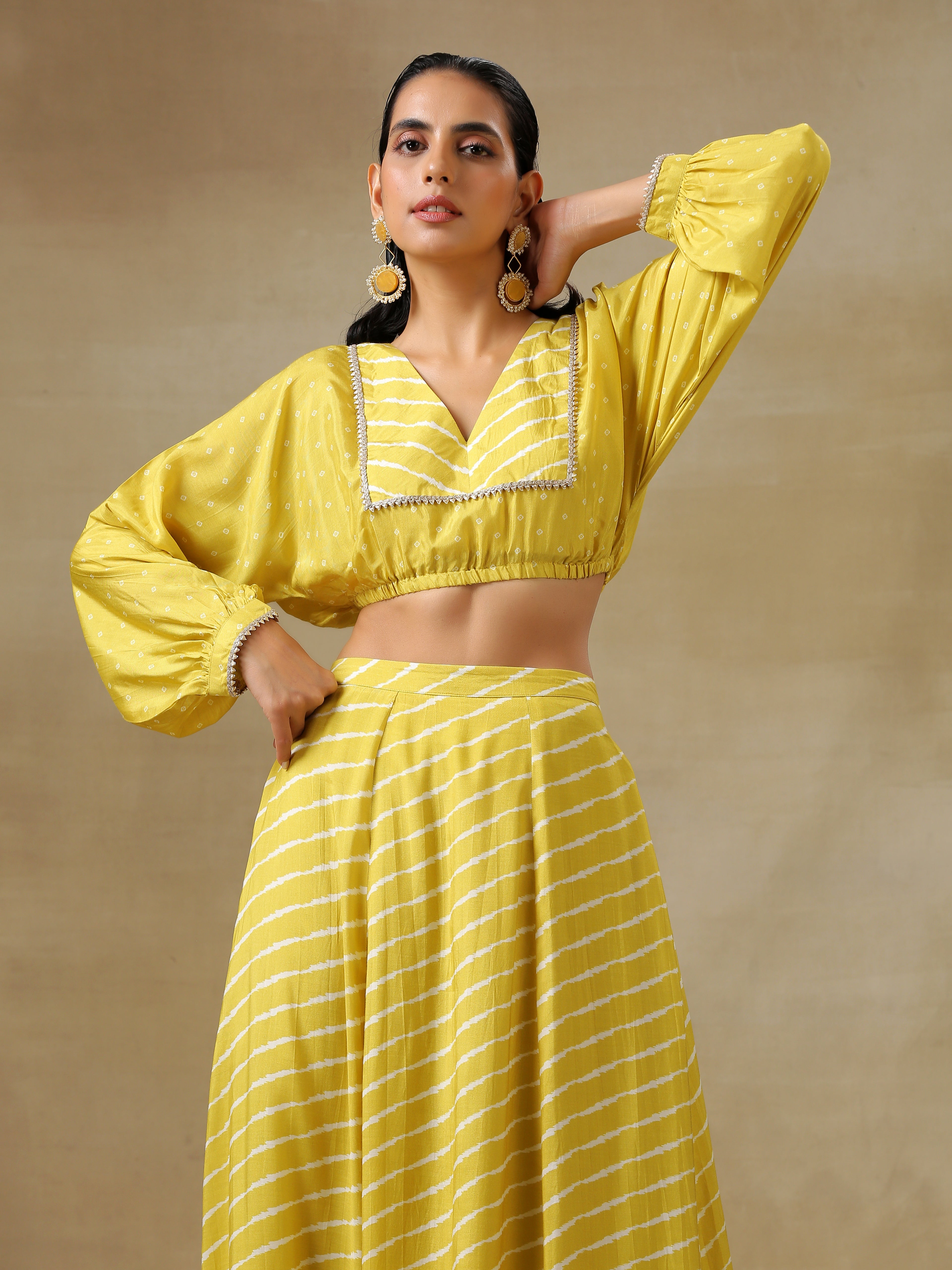 trueBrowns Lime Green Bandhani Printed Silk Top Skirt Set