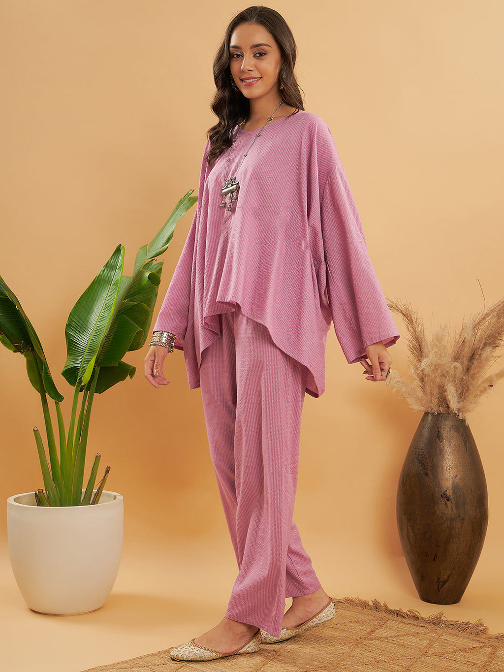 InWeave Women's Mauve Kantha Boho Full Sleeve Coord Set