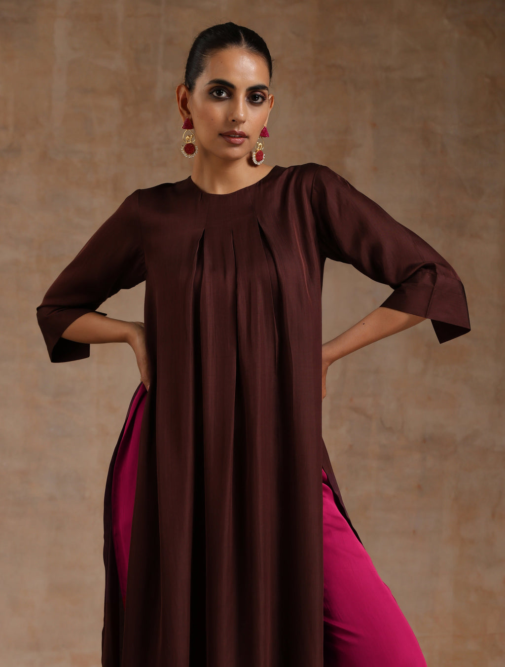 trueBrowns Cola Brown Modal Satin Neck Pleat Kurta Set