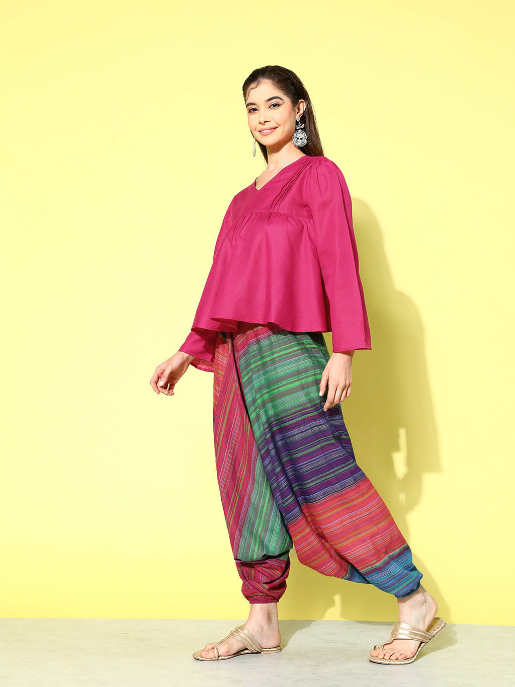InWeave Women's Magenta Top With Multi Clr Harem Set