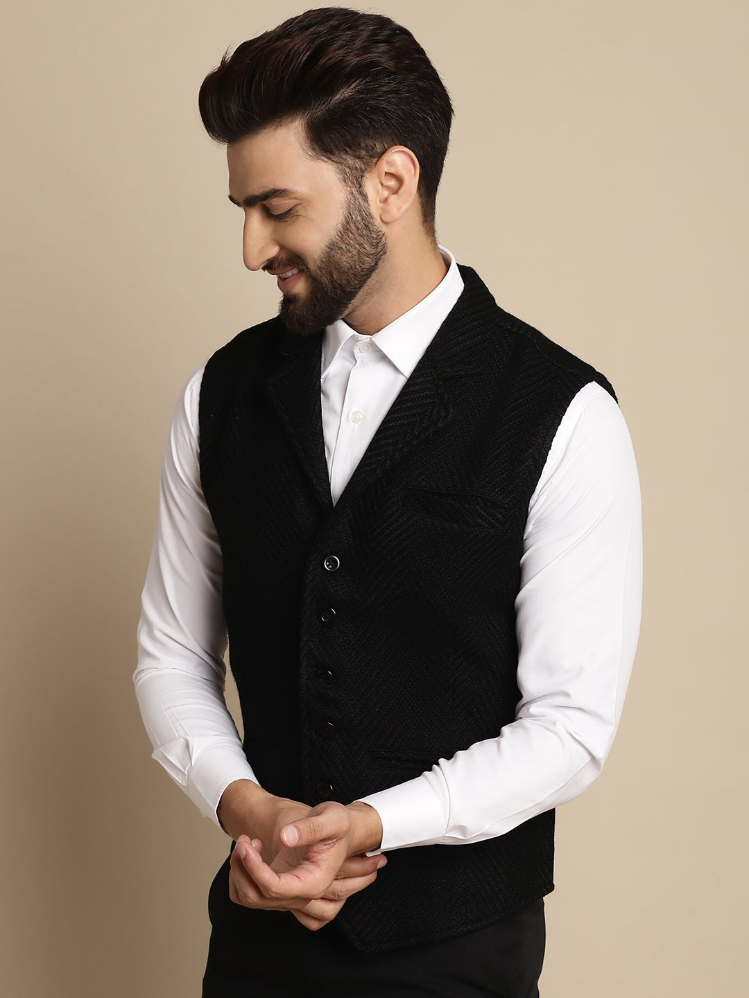 Even Apparels Men's Black Wool Waistcoat with Notched Lapel