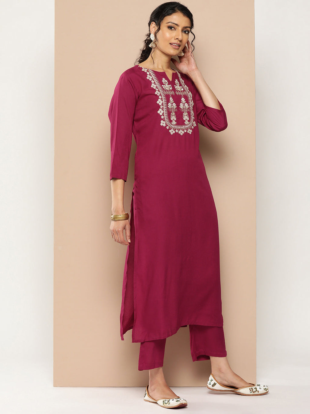 KSUT (House of Varanga) Magenta Kurta With Dori And Zari Embroidered Yoke Paired With Organza Dupatta And Straight Trouser