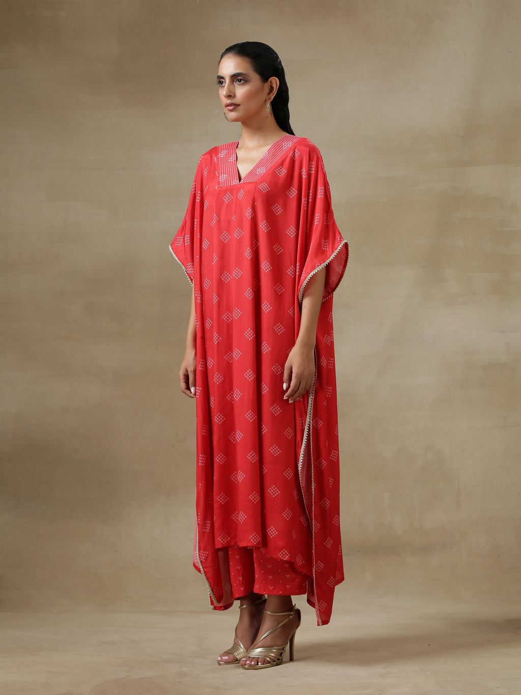 trueBrowns Red Bandhani Printed Silk Panel Kaftan Kurta Pant Set