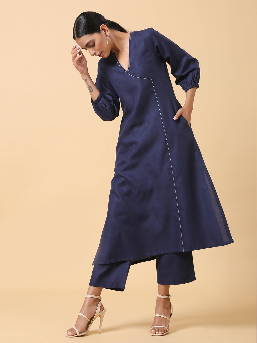 trueBrowns Cotton Linen Dark Blue Kurta Pant Set