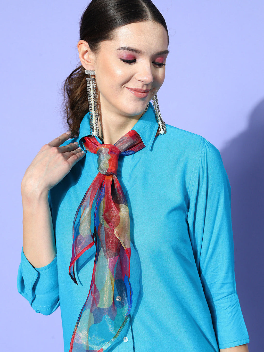 InWeave Women's Aqua Blue Coord Set With Maroon Abstract Scarf
