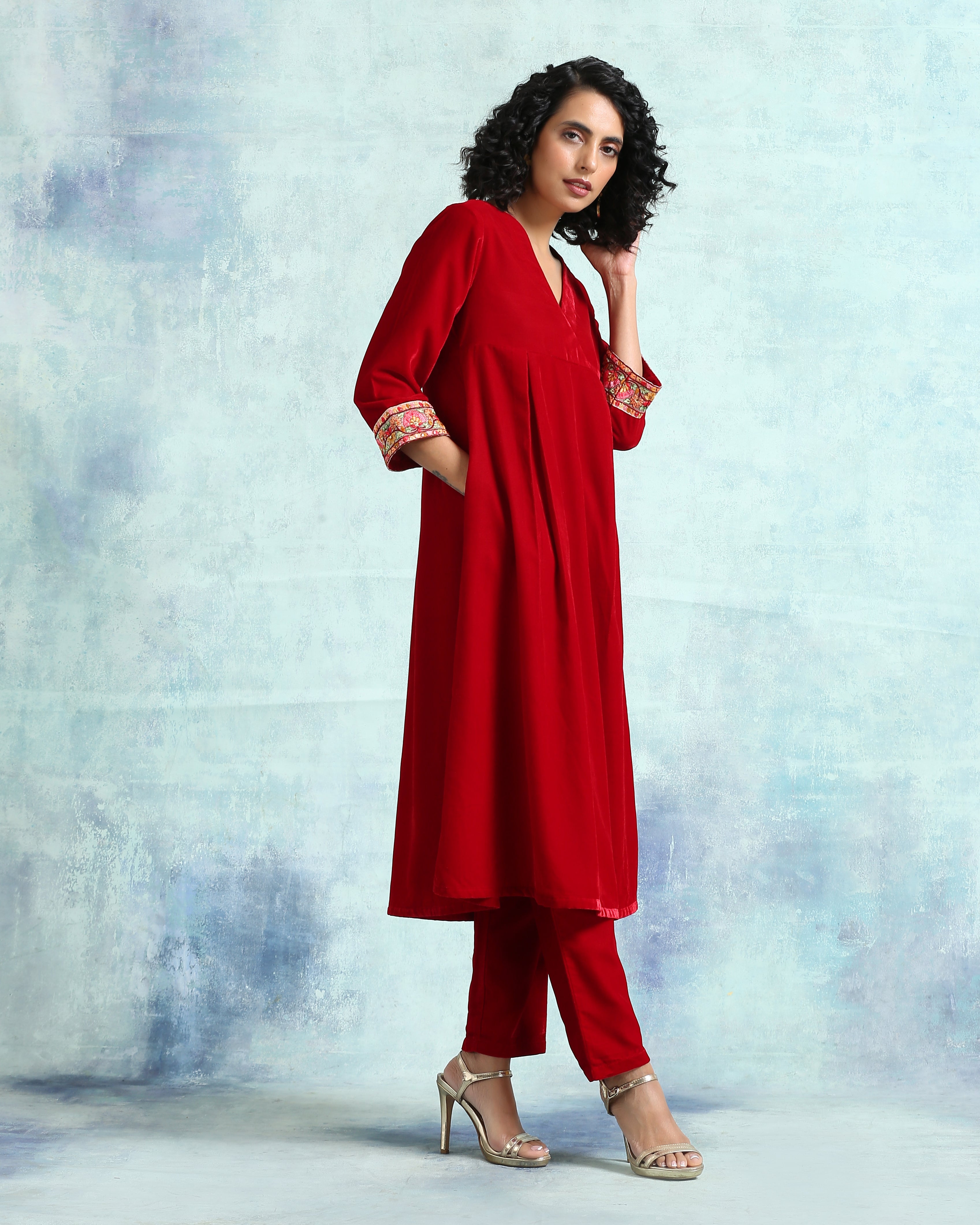 trueBrowns True Red Velvet Yoke Kurta