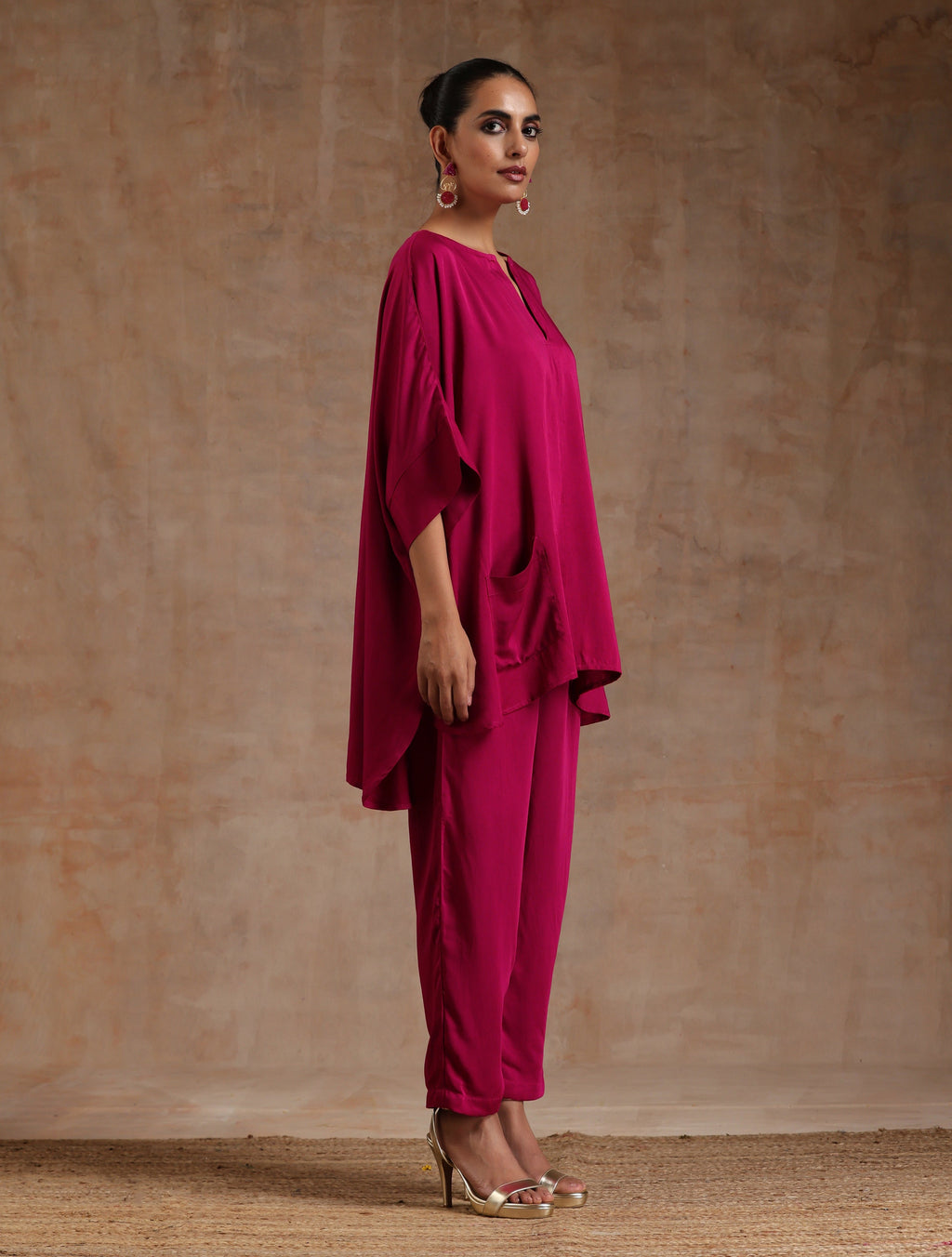 trueBrowns Pink Modal Satin Boxy Fit High-Low Co-Ord Set