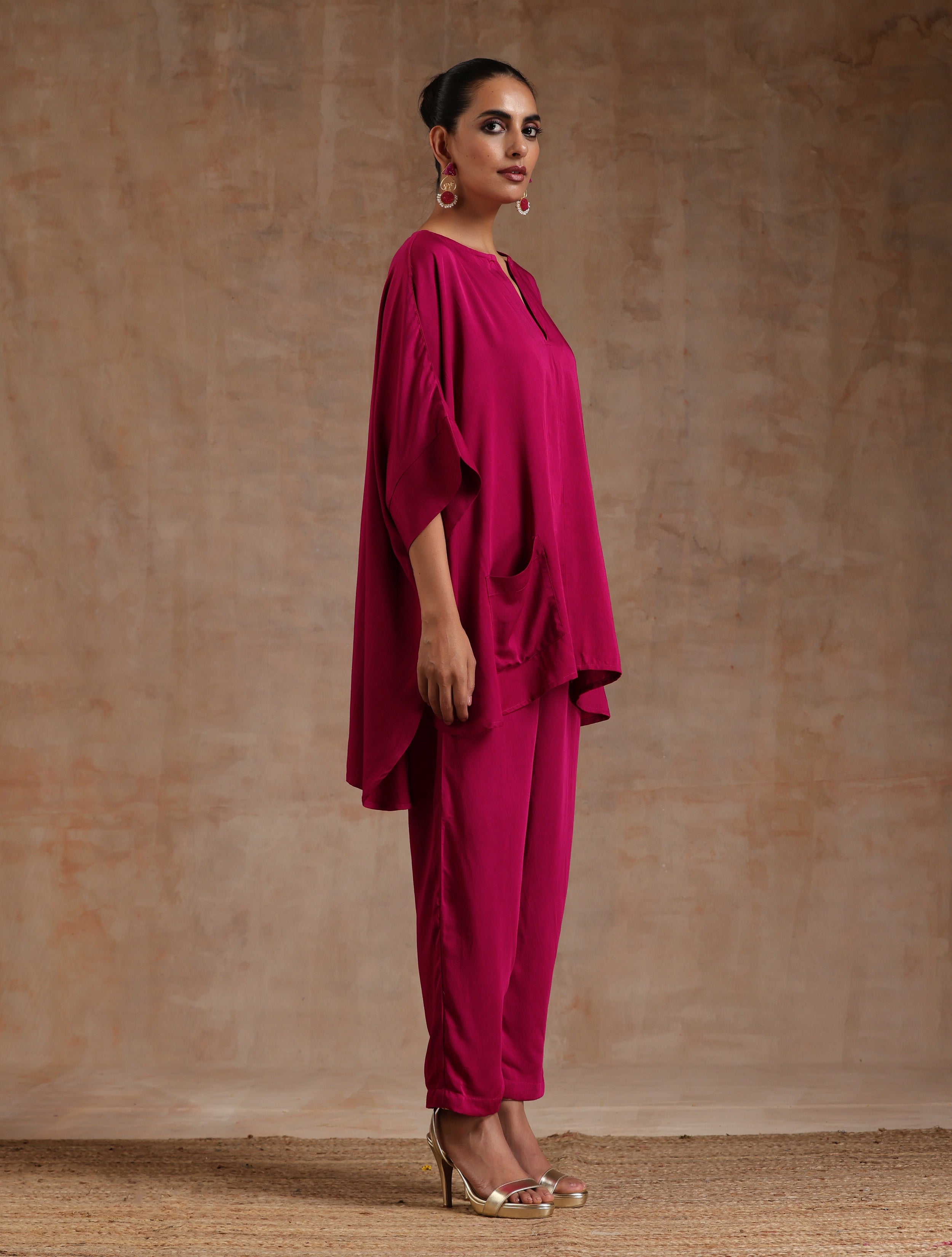 trueBrowns Pink Modal Satin Boxy Fit High-Low Co-Ord Set
