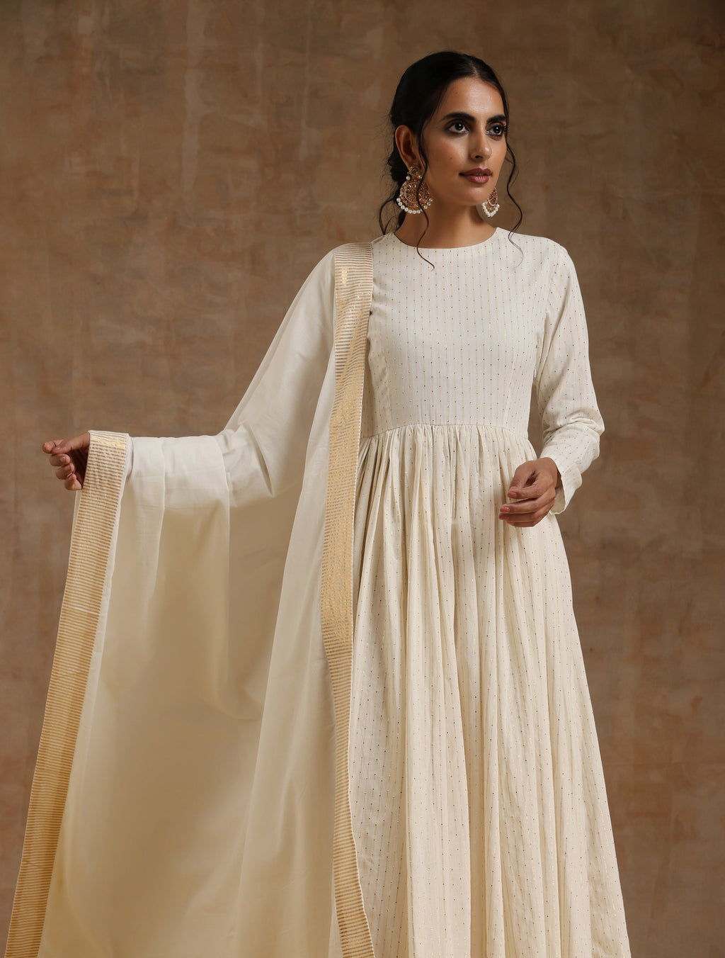 trueBrowns Ivory Gold Cotton Anarkali Set