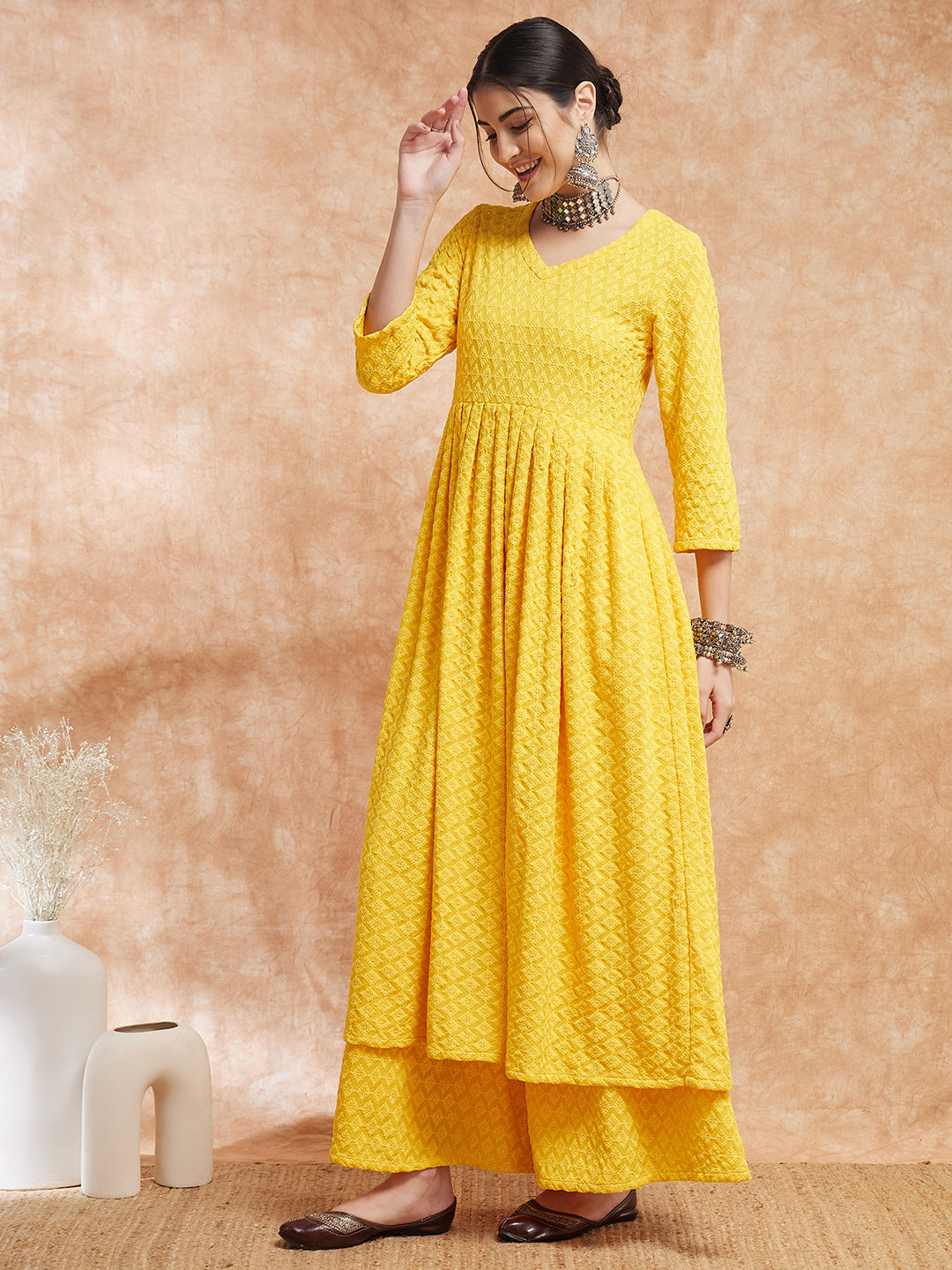 InWeave Women's Butter Yellow Chikankari Long Anarkali Kurta Sharara Set