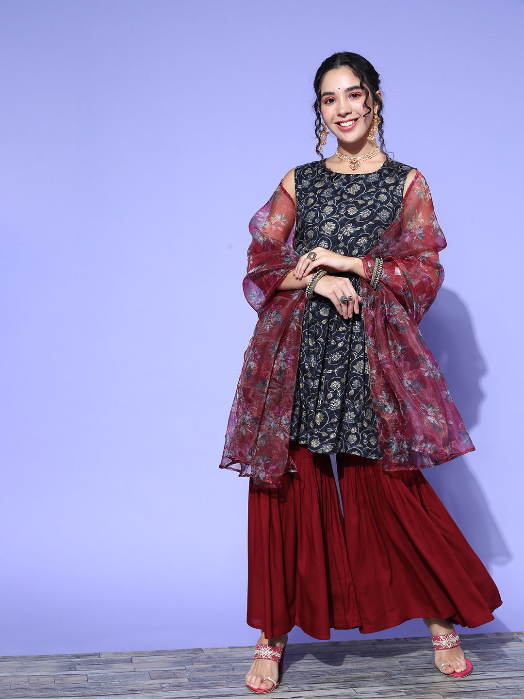 InWeave Women's Blue Printed Kurta Sharara Set With Burgundy Organza Dupatta