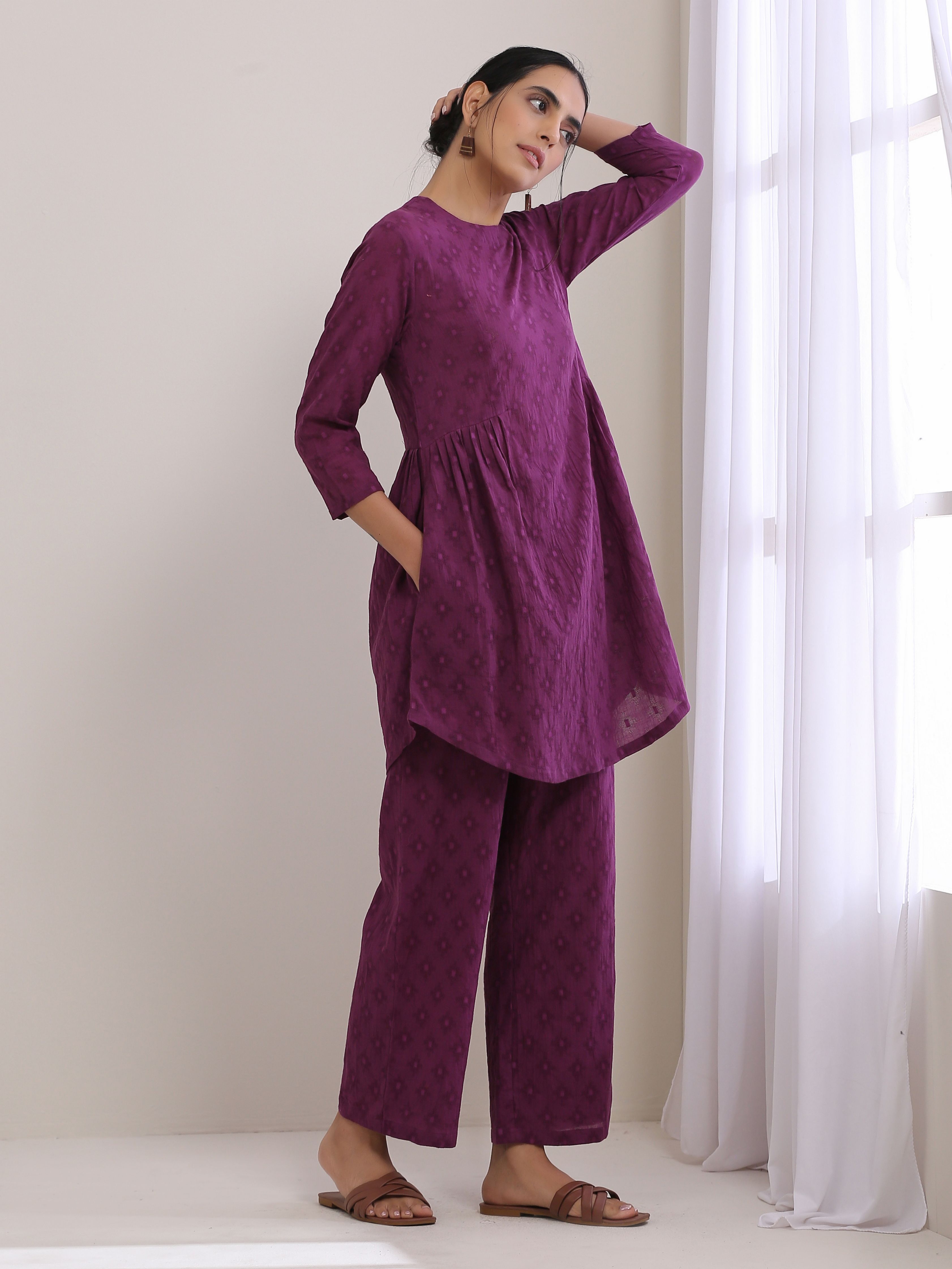 trueBrowns Plum Purple Dobby Gathers Co-Ord Set