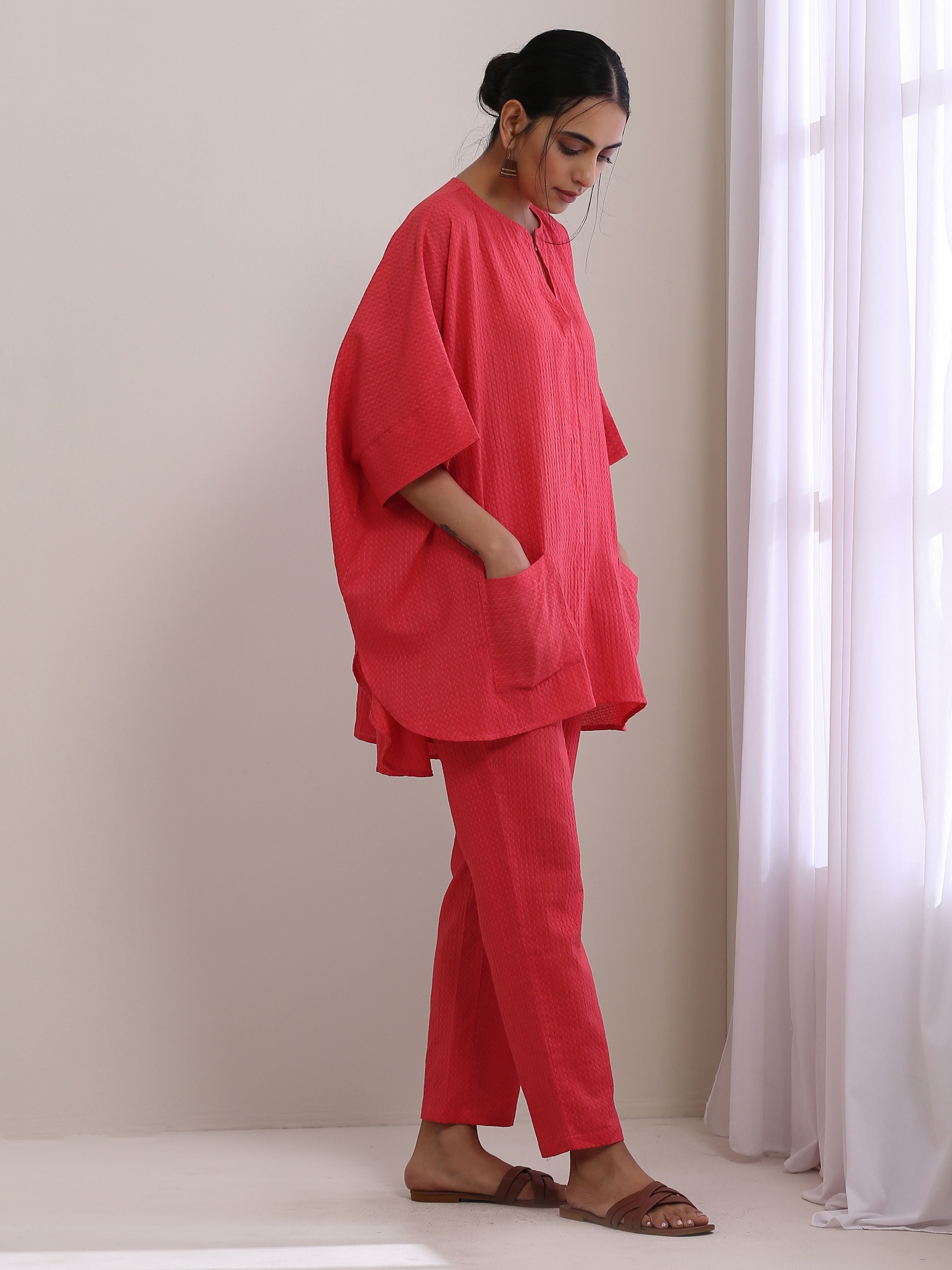 trueBrowns Bright Pink Dobby Boxy Fit High Low Co-Ord Set