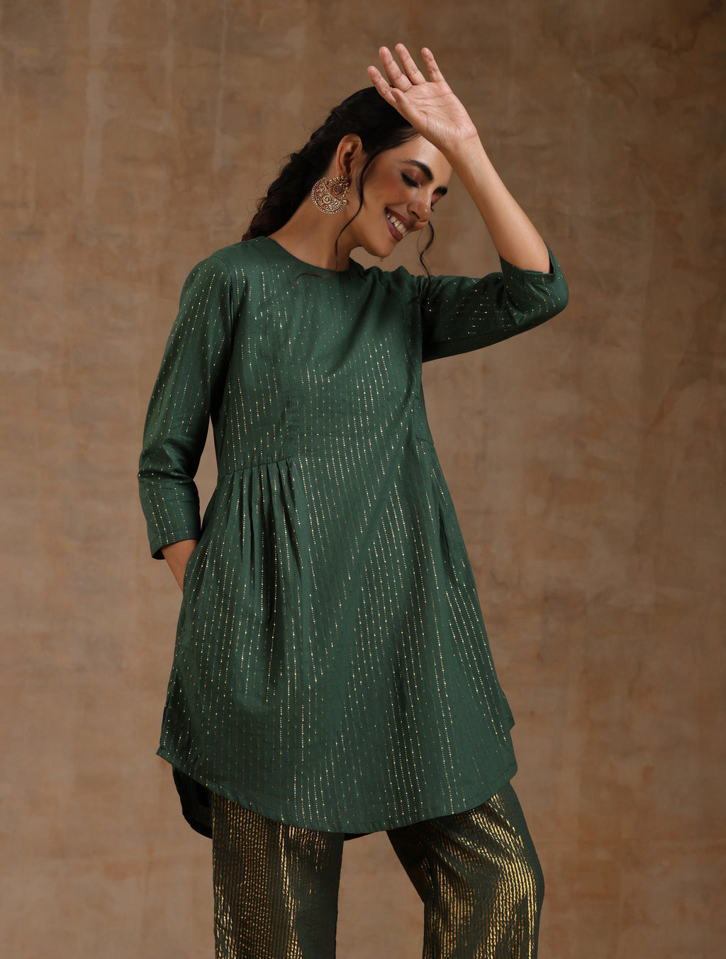 trueBrowns Dark Green Gold Cotton Side Gather Co-Ord Set