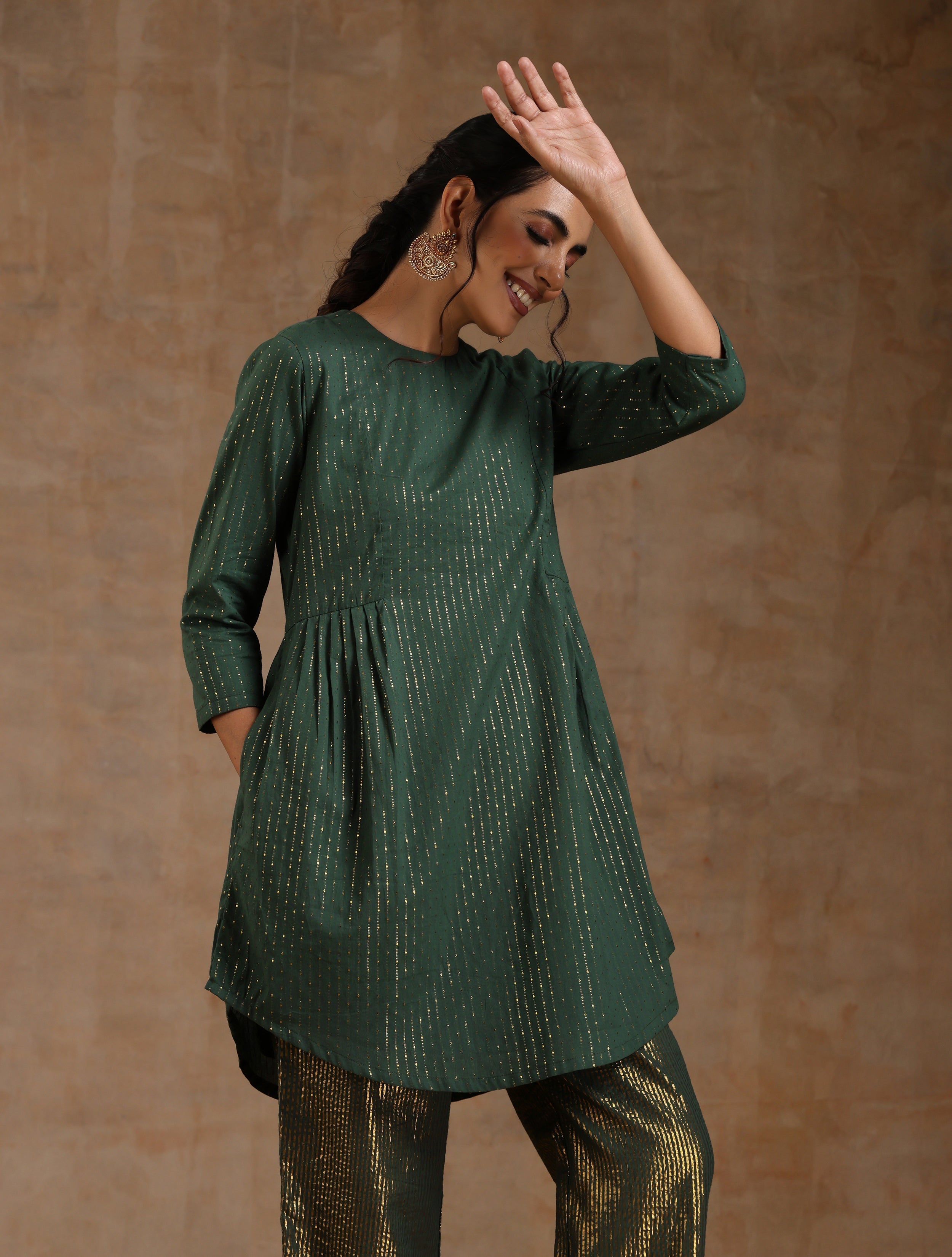 trueBrowns Dark Green Gold Cotton Side Gather Co-Ord Set