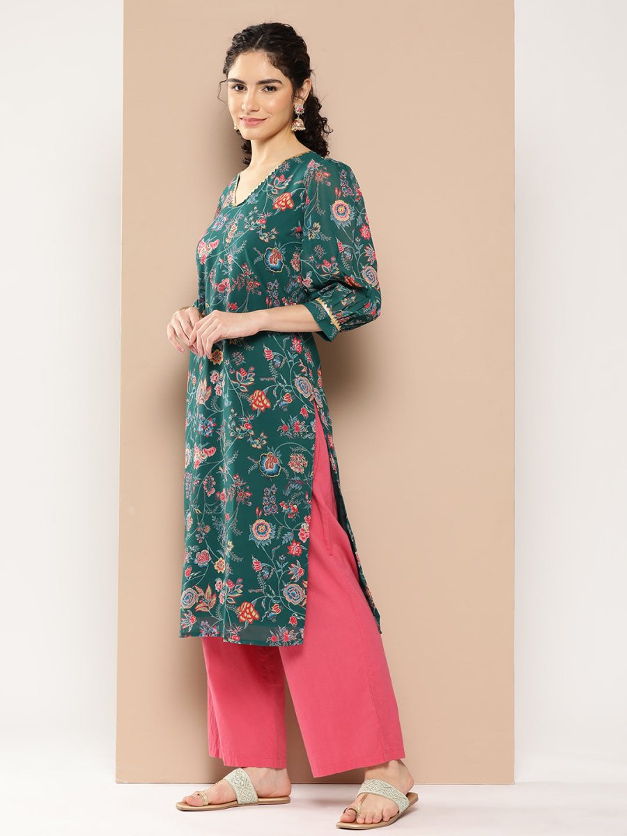 Ahalyaa Women Floral Printed Gotta Patti Floral Georgette Kurta