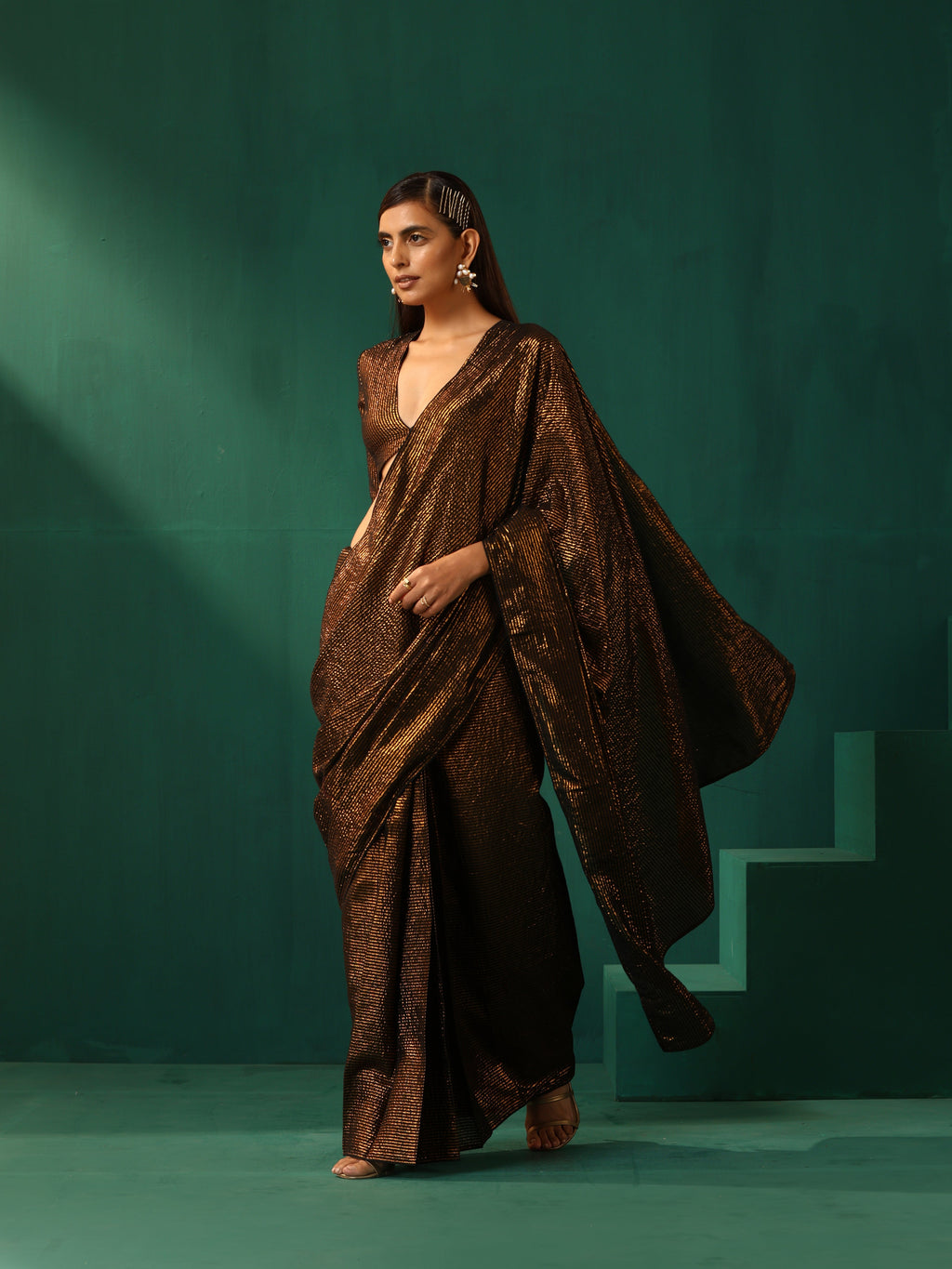 trueBrowns Black Cotton Gold Lurex Striped Ready to Wear Saree
