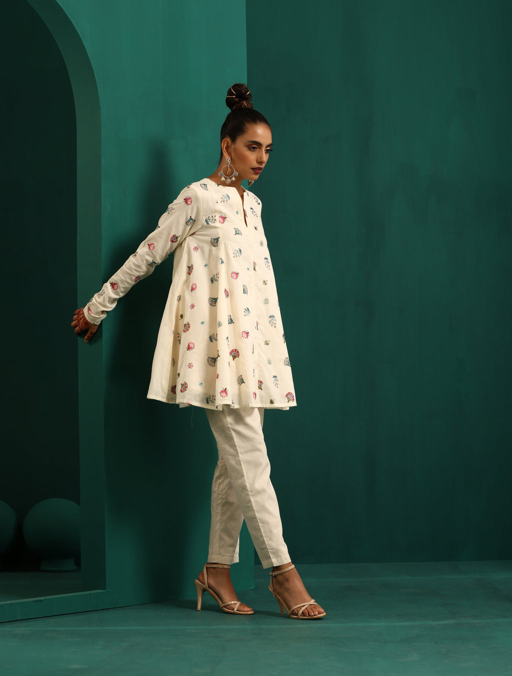 trueBrowns Ivory Multi Color Floral Cotton Flared Co-ord Set