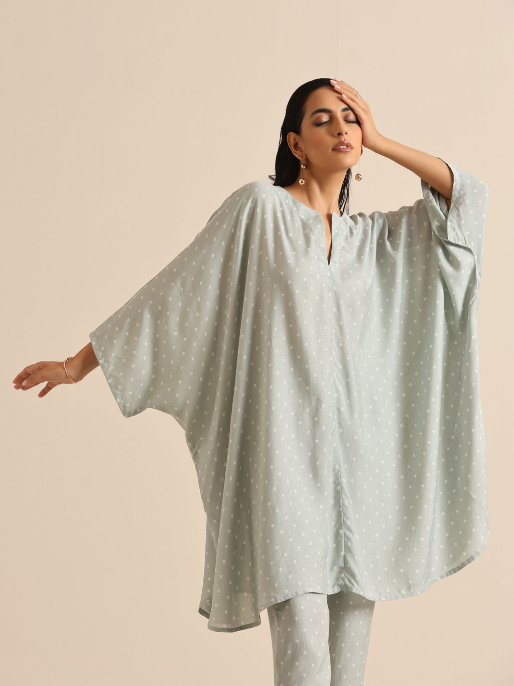 trueBrowns Grey Bandhani Printed Silk Kaftan Co-Ord Set