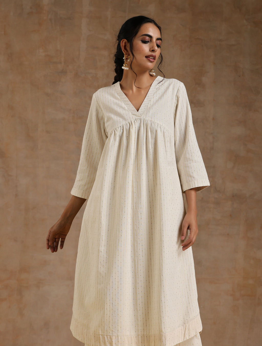 trueBrowns Ivory Gold Cotton Flared Kurta Set