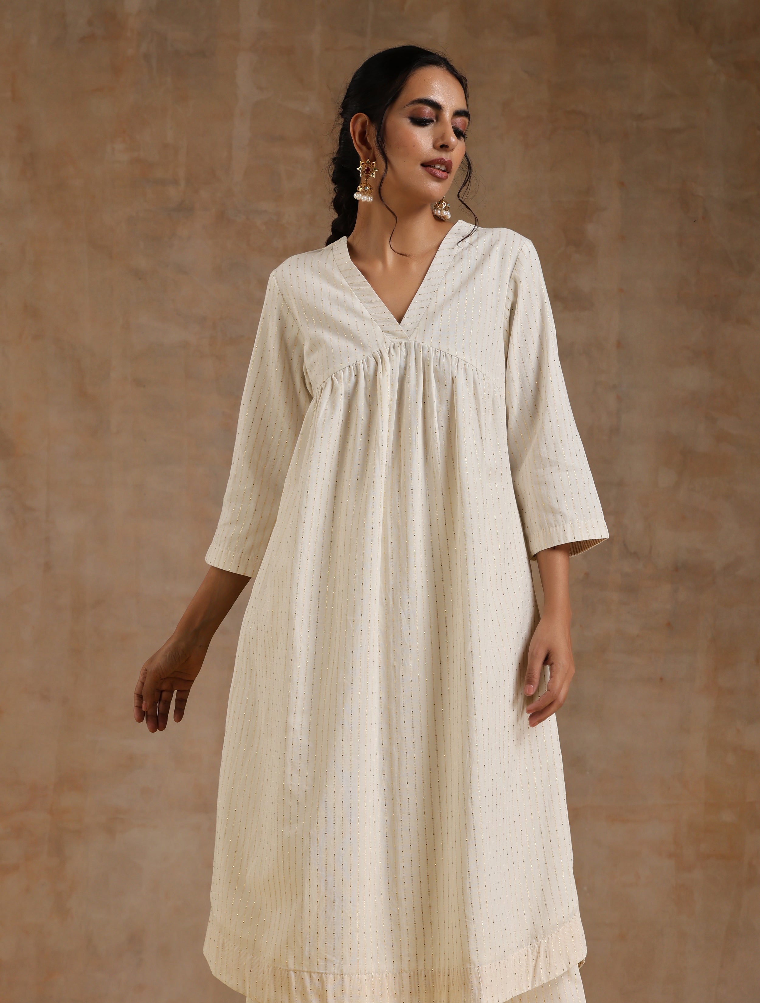 trueBrowns Ivory Gold Cotton Flared Kurta Set