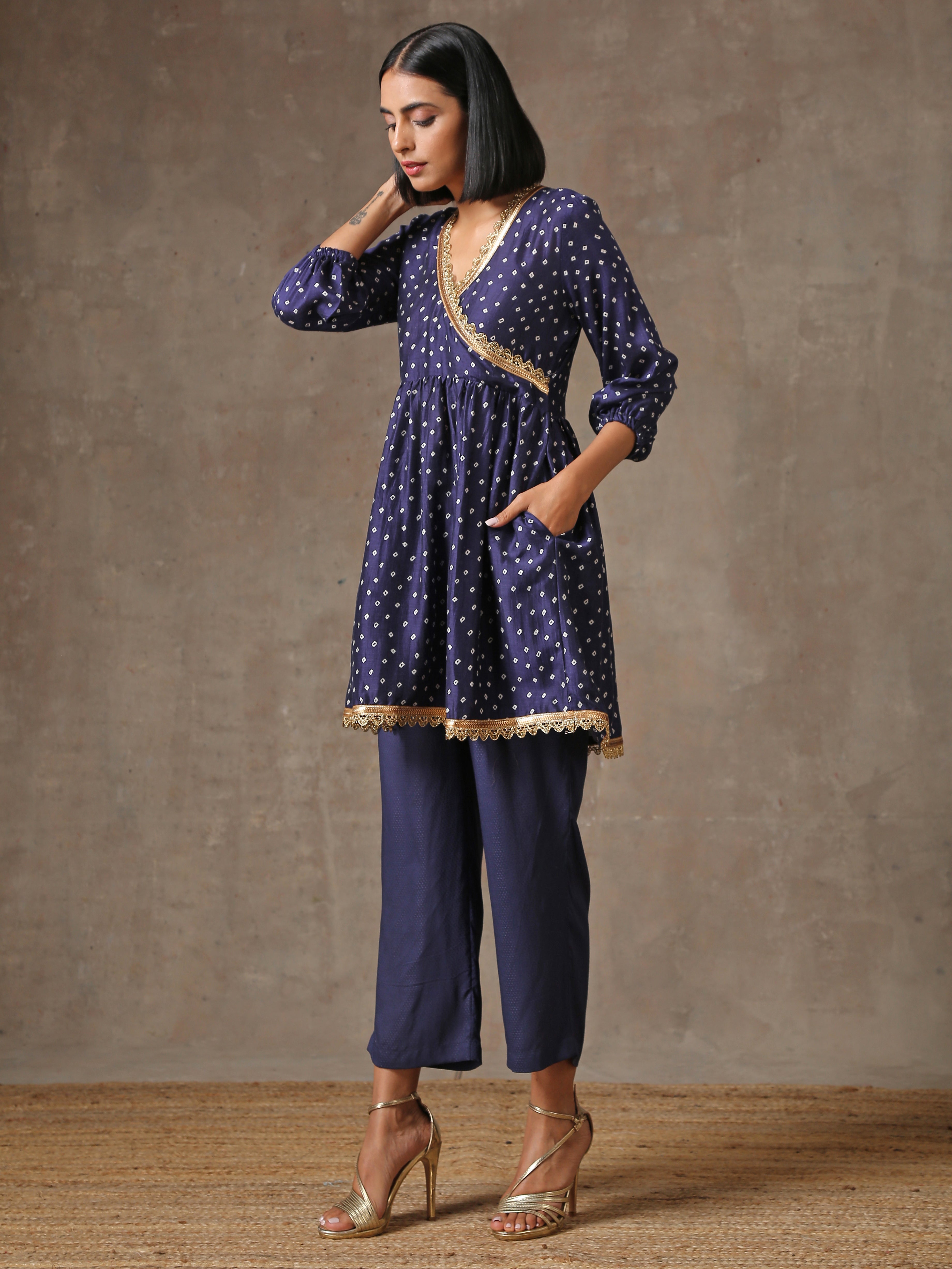 trueBrowns Blue Bandhani Printed Silk Co-Ord Set
