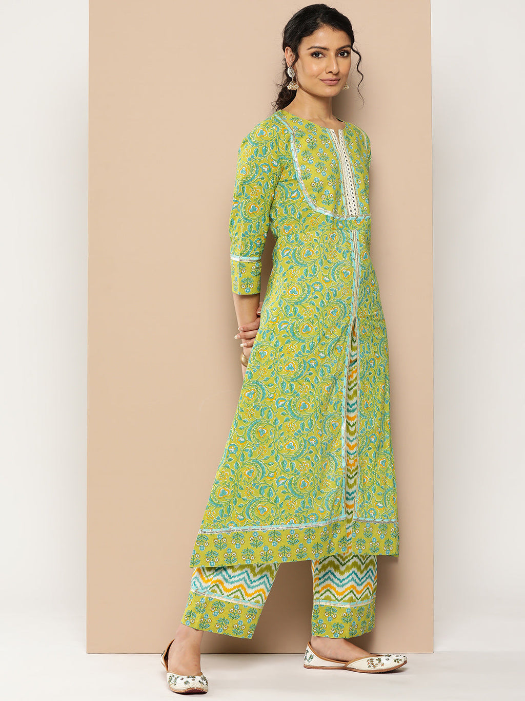 KSUT (House of Varanga) Green Floral Printed A-Line Kurta Paired With Printed Palazzo And Chiffon Dupatta