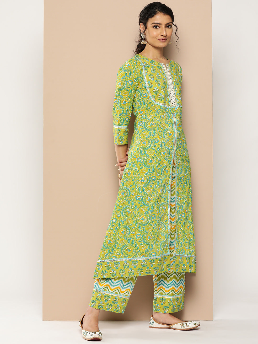 KSUT (House of Varanga) Green Floral Printed A-Line Kurta Paired With Printed Palazzo And Chiffon Dupatta