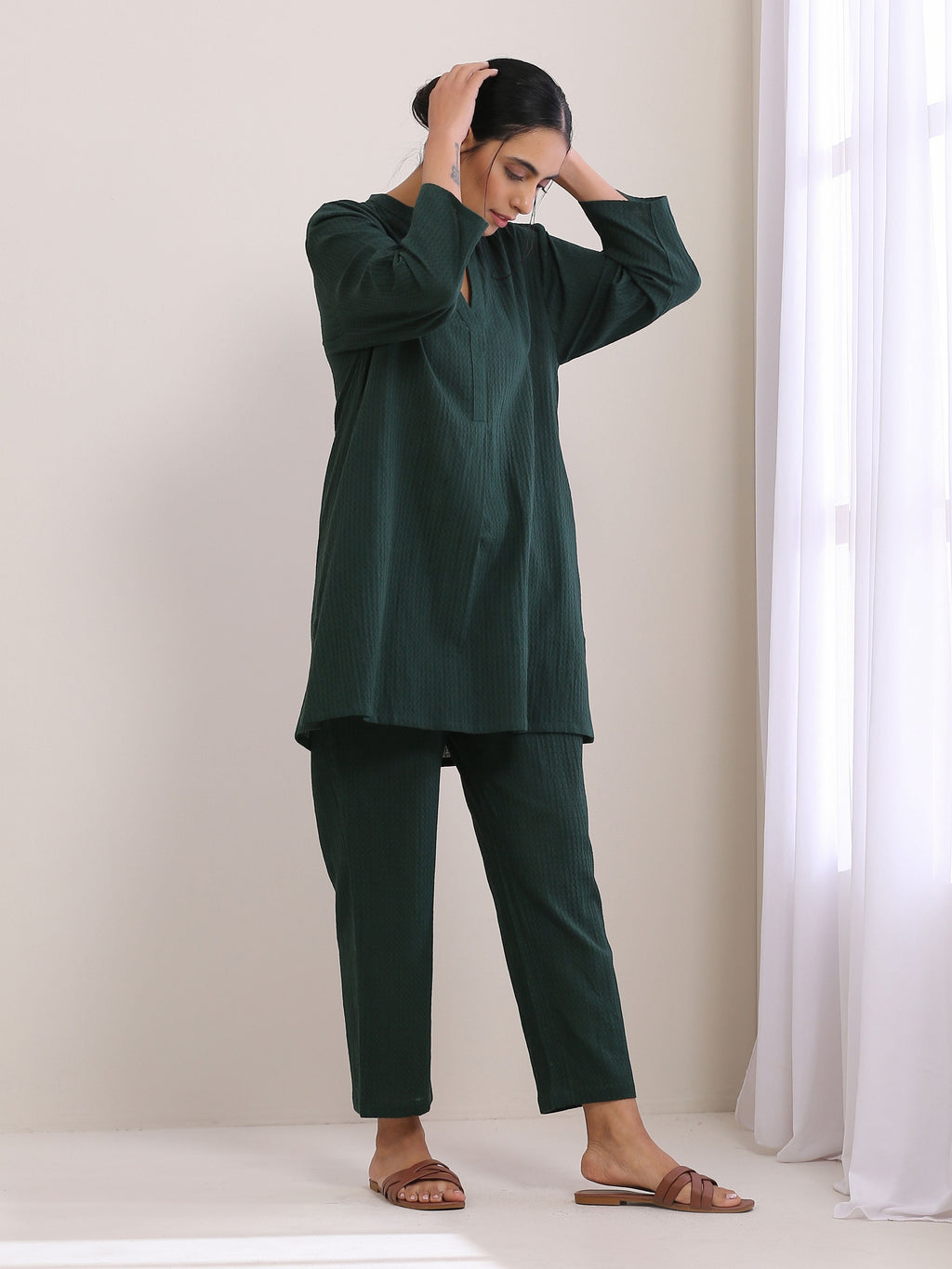 trueBrowns Dark Green Dobby Relaxed Fit Co-Ord Set