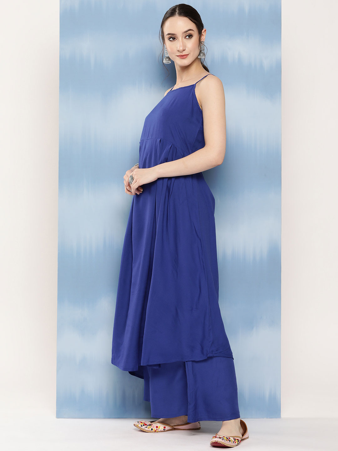 InWeave Women's Ink Blue Strappy Set With Navy Pink Lotus Cr Dupatta