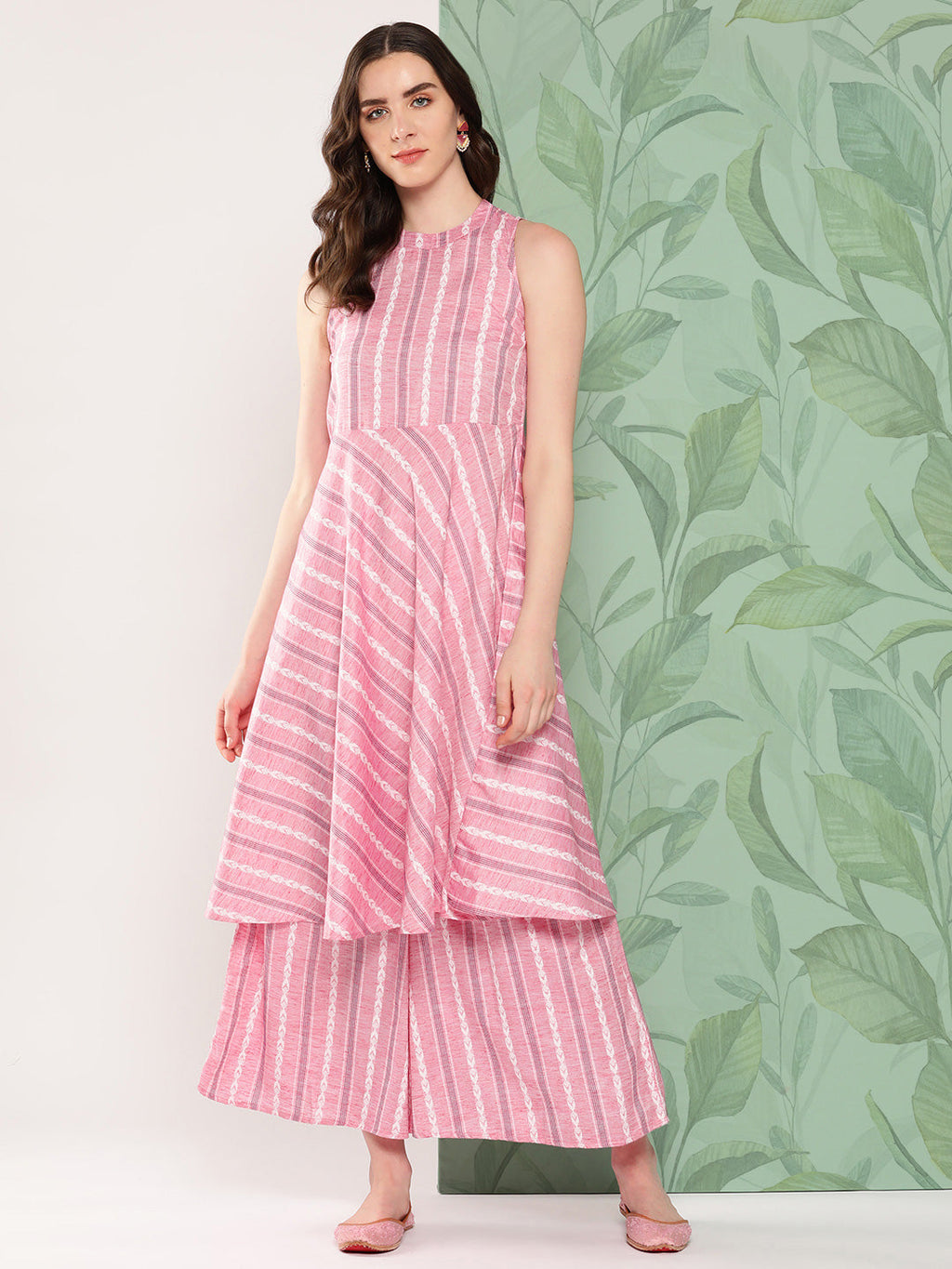 InWeave Women's Pink Kantha Striped Kurta Set